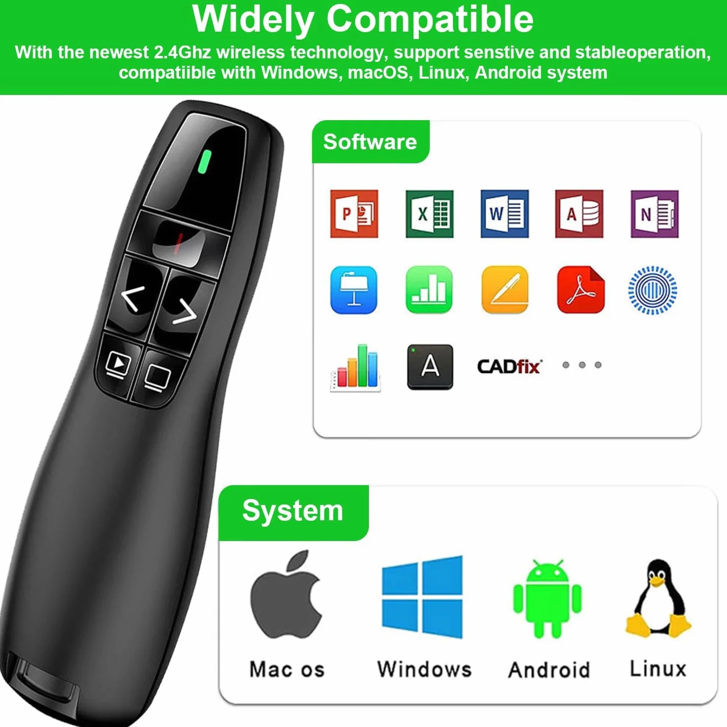 Bezprzewodowy prezenter zielone światło, 2,4 GHz PPT PowerPoint Clicker prezentacja zdalna prezentacja wskaźnik slajdów Advancer dla Mac, komputera, laptopa