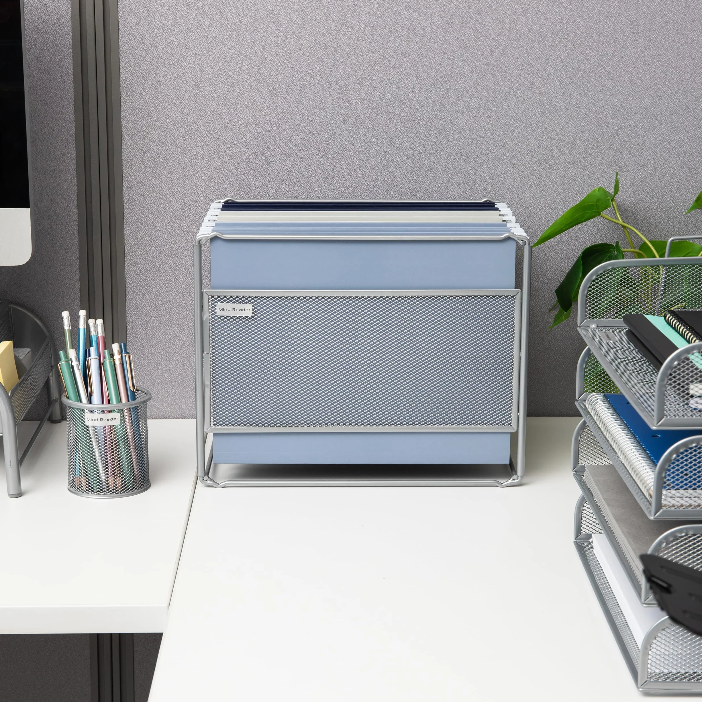 Mind Reader Hanging File Folder Organizer, Desktop Organizer, Storage, Office, Metal Mesh, 13" L x 9.75" W x 10.25" H, Silver