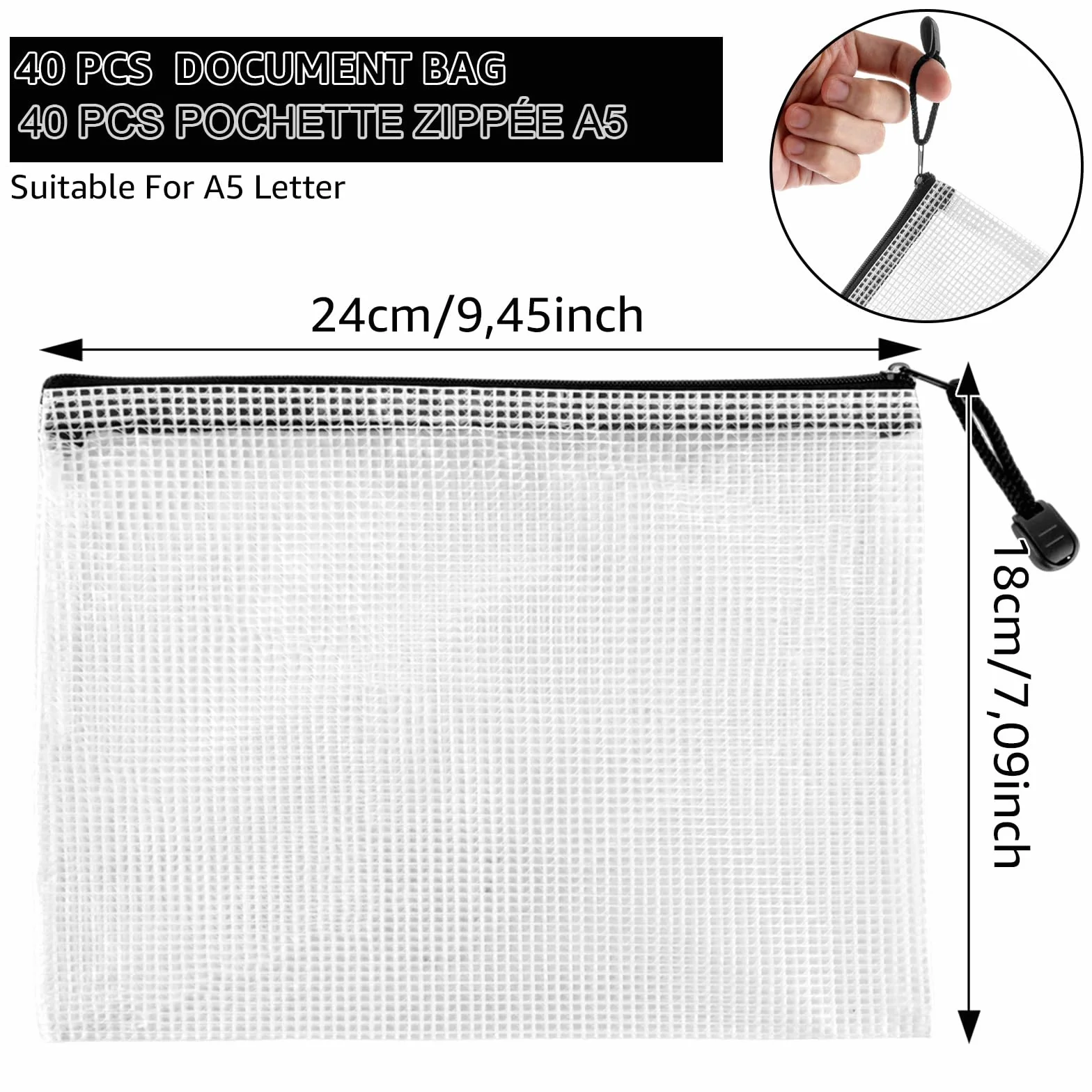 40 sztuk toreb na dokumenty A5, czarna, teczka na dokumenty A5, zamek błyskawiczny, kieszenie z siateczki, plastikowa torba na dokumenty A5, na dokumenty, kosmetyki, prace domowe (czarna)