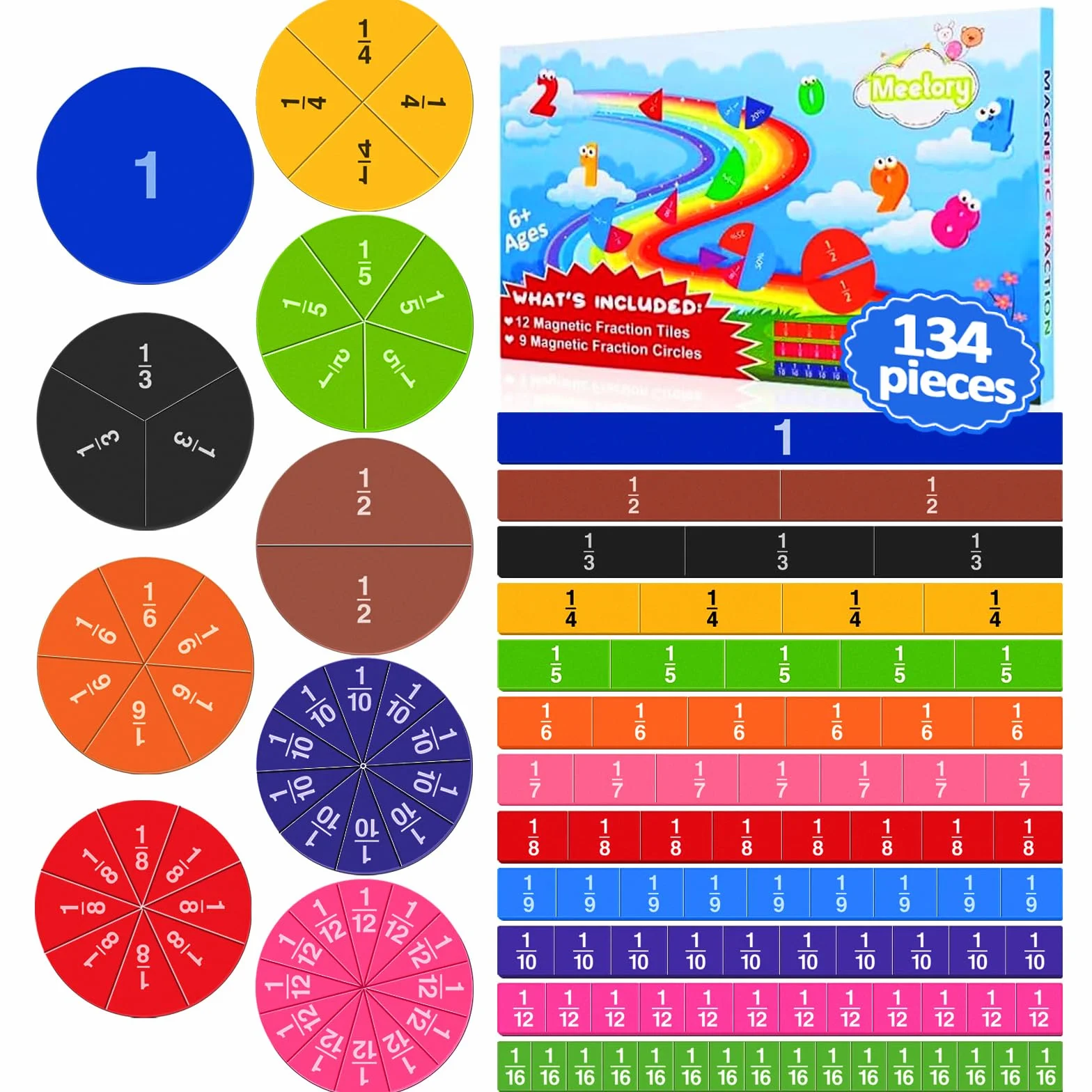 Meetory 134 sztuki magnetycznych płytek frakcyjnych, części frakcyjne, manipulacje matematyczne, prezenty szkolne dla przedszkola szkoły podstawowej, materiały edukacyjne, zestaw edukacyjny