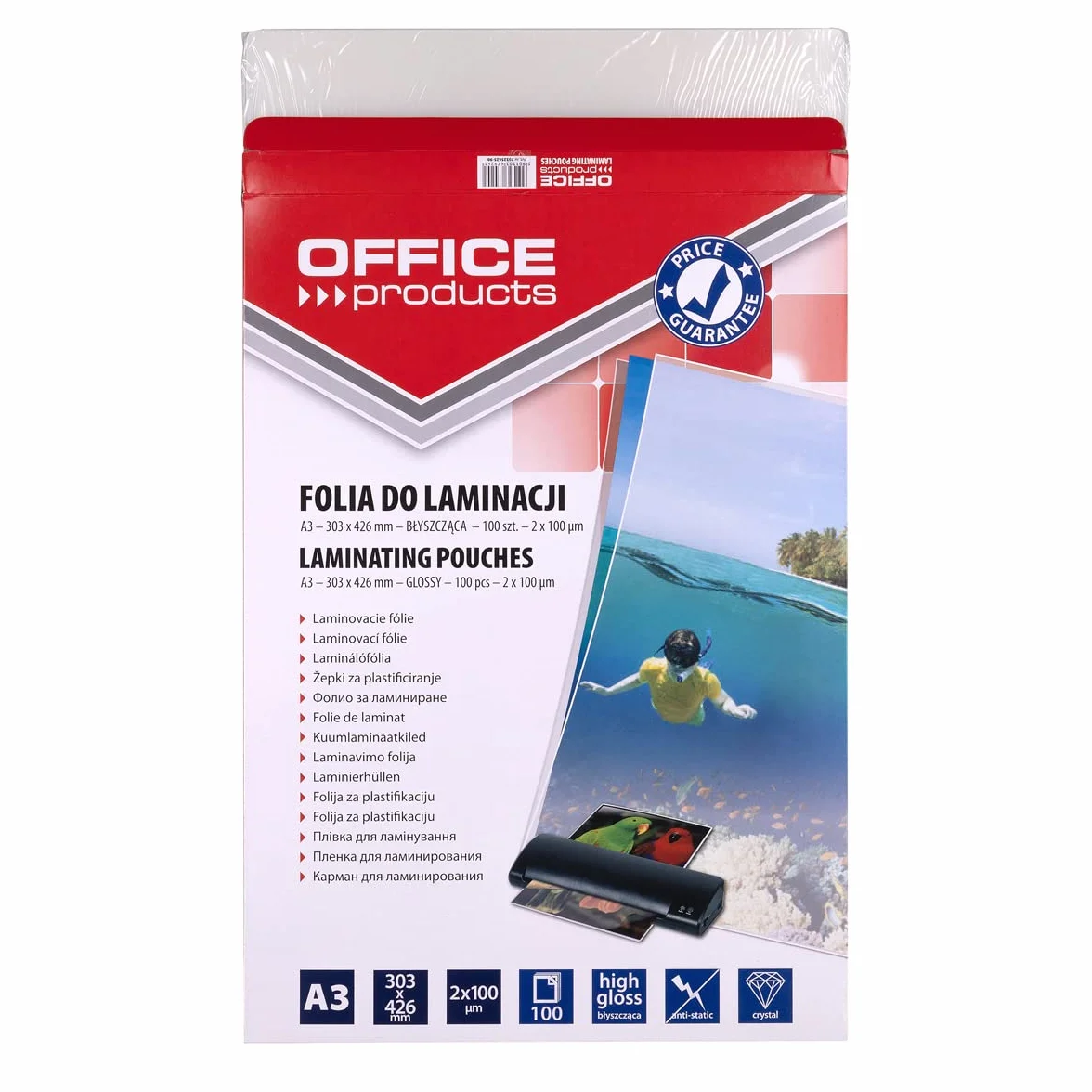 Folia do Laminowania OFFICE PRODUCTS A4 2x125mikr Błyszcząca 100szt Transparentna/Prezentacja/Typ-do Laminowania/Rodzaj-Błyszcząca/Materiał-Plastik/Kolor-Transparentny/Grubość (mm)-2x125µm