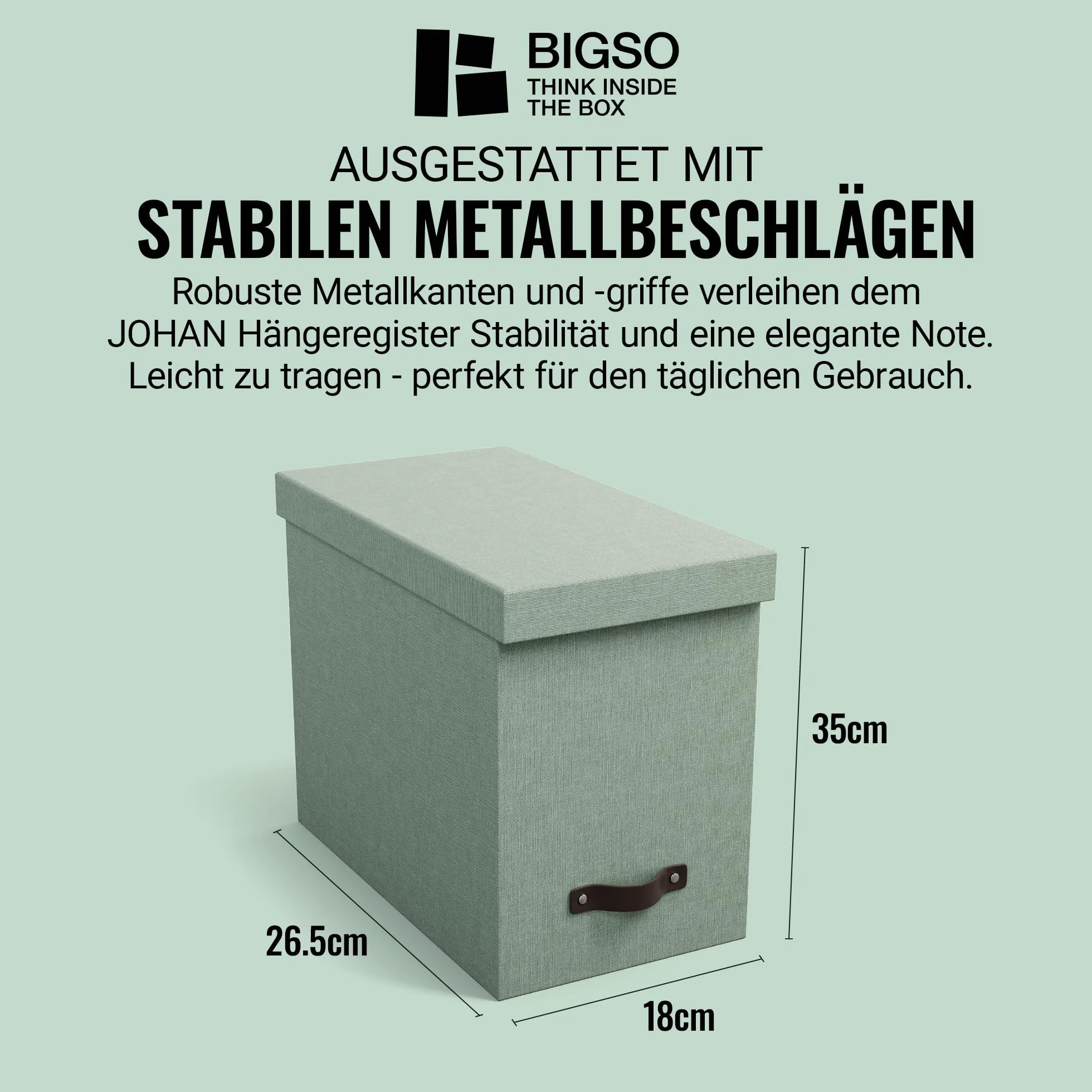 Bigso Box of Sweden JOHAN Pudełko z pokrywką – stylowe pudełko archiwalne z 8 zawieszanymi skoroszytami – pudełko na teczki wiszące z płyty pilśniowej i papieru o stylowym wyglądzie lnu, miętowa