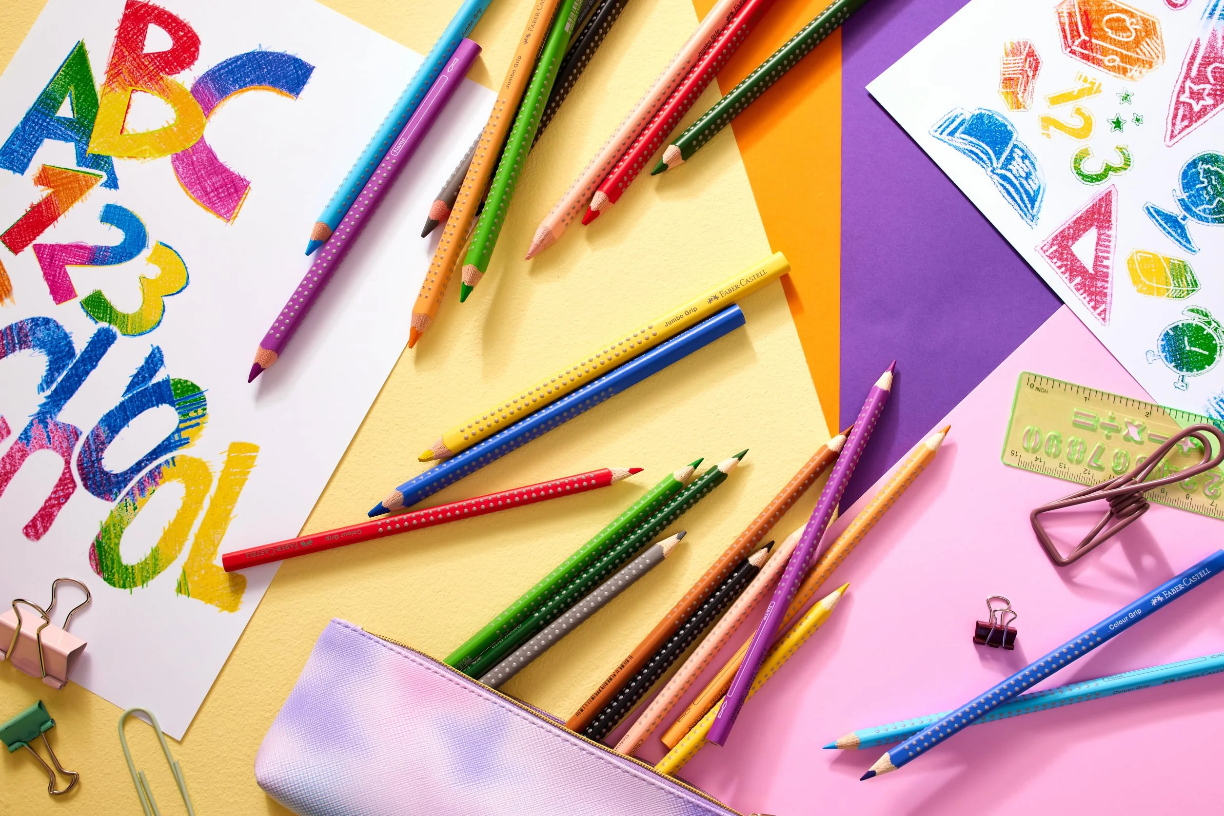 FABER-CASTELL 201540 – zestaw kredek dla dzieci i dorosłych, 24 sztuki, trójkątne, odporne na łamanie, w tym 4 kolory neonowe i 2 ołówki