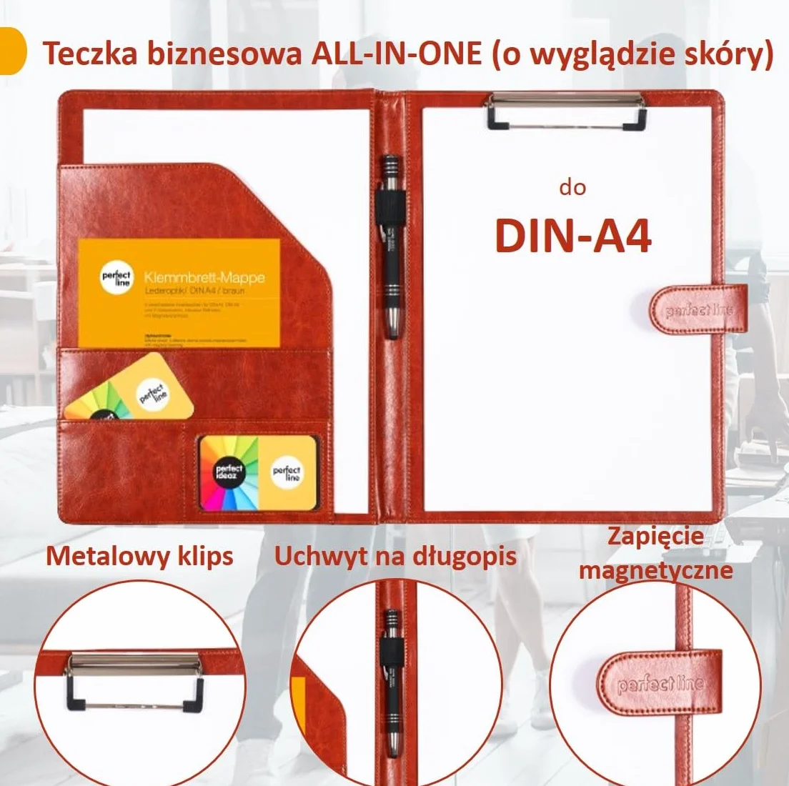 perfect line - Teczka z klipsem DIN-A4 z zapięciem magnetycznym - wykonana z wytrzymałej sztucznej skóry o stylowym wyglądzie skóry - teczka biznesowa premium (1 teczka - brązowa)