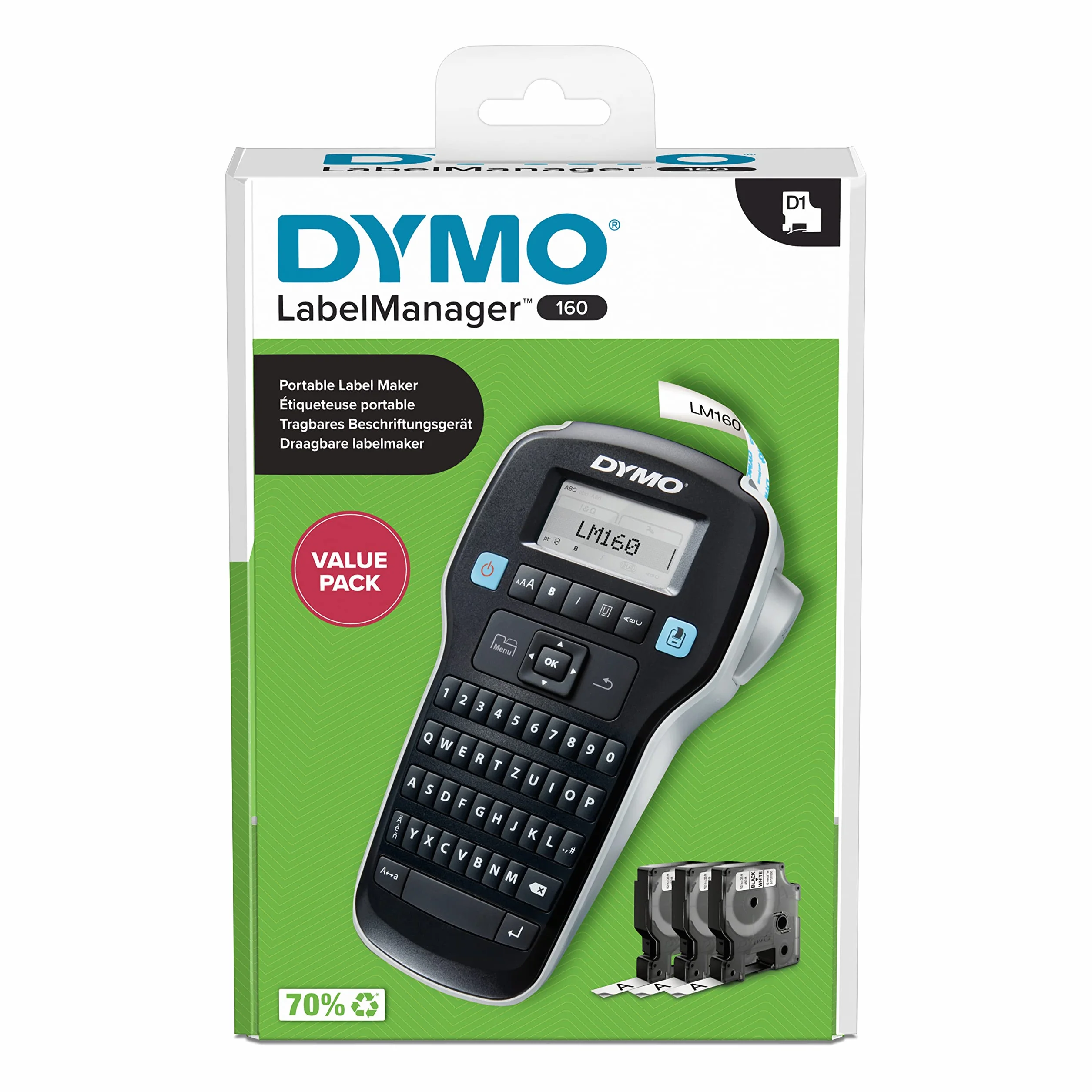 DYMO LabelManager 160 przenośne urządzenie do etykietowania, zestaw startowy, urządzenie do etykietowania z klawiaturą QWERTZ i łatwą edycją tekstu, z 3 rolkami, do etykiet D1 o szerokości 6, 9 i 12