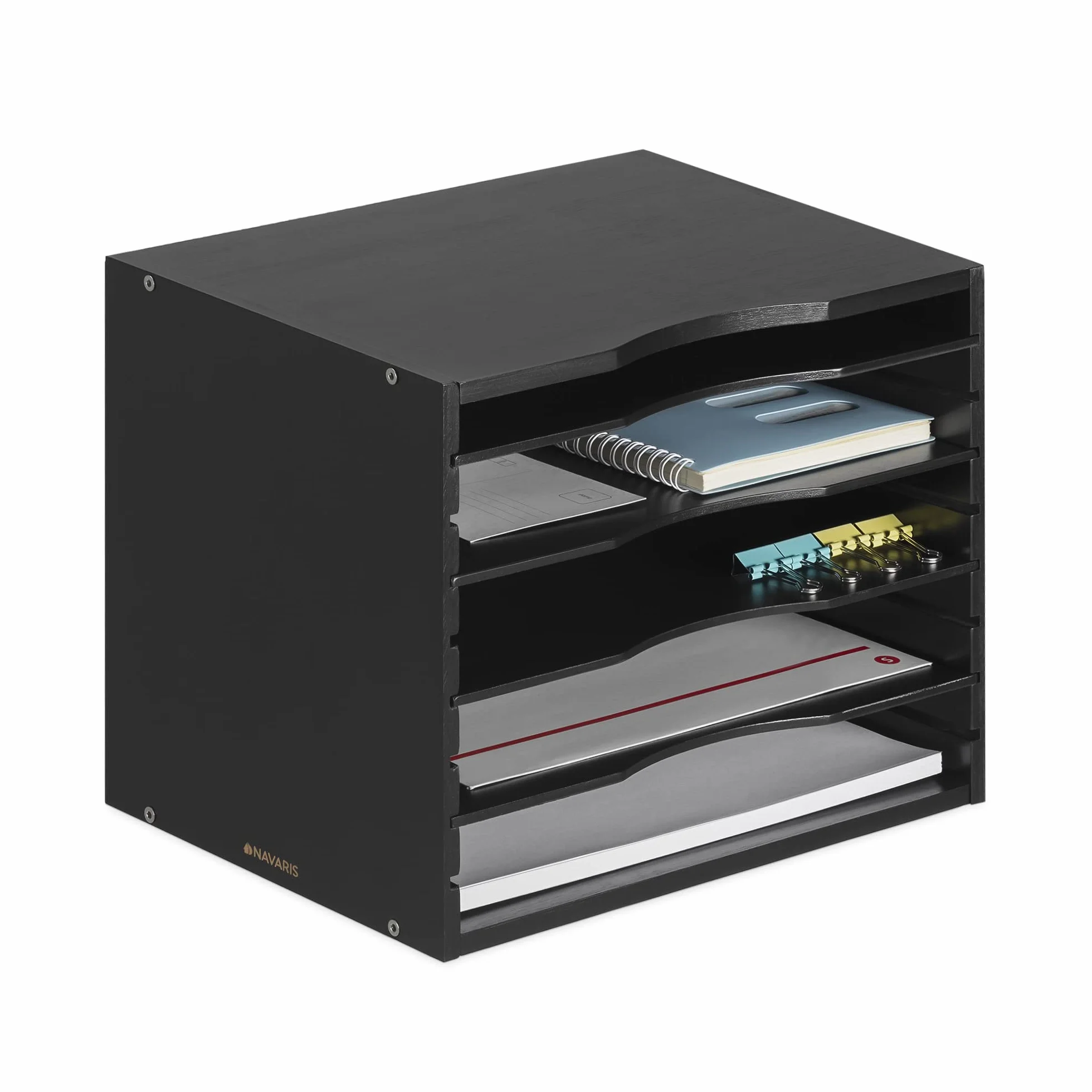 Navaris Bambusowa półka na dokumenty – 33 x 26 x 24,5 cm organizer na biurko – drewniana półka 5 półek – system organizacji biura – czarna