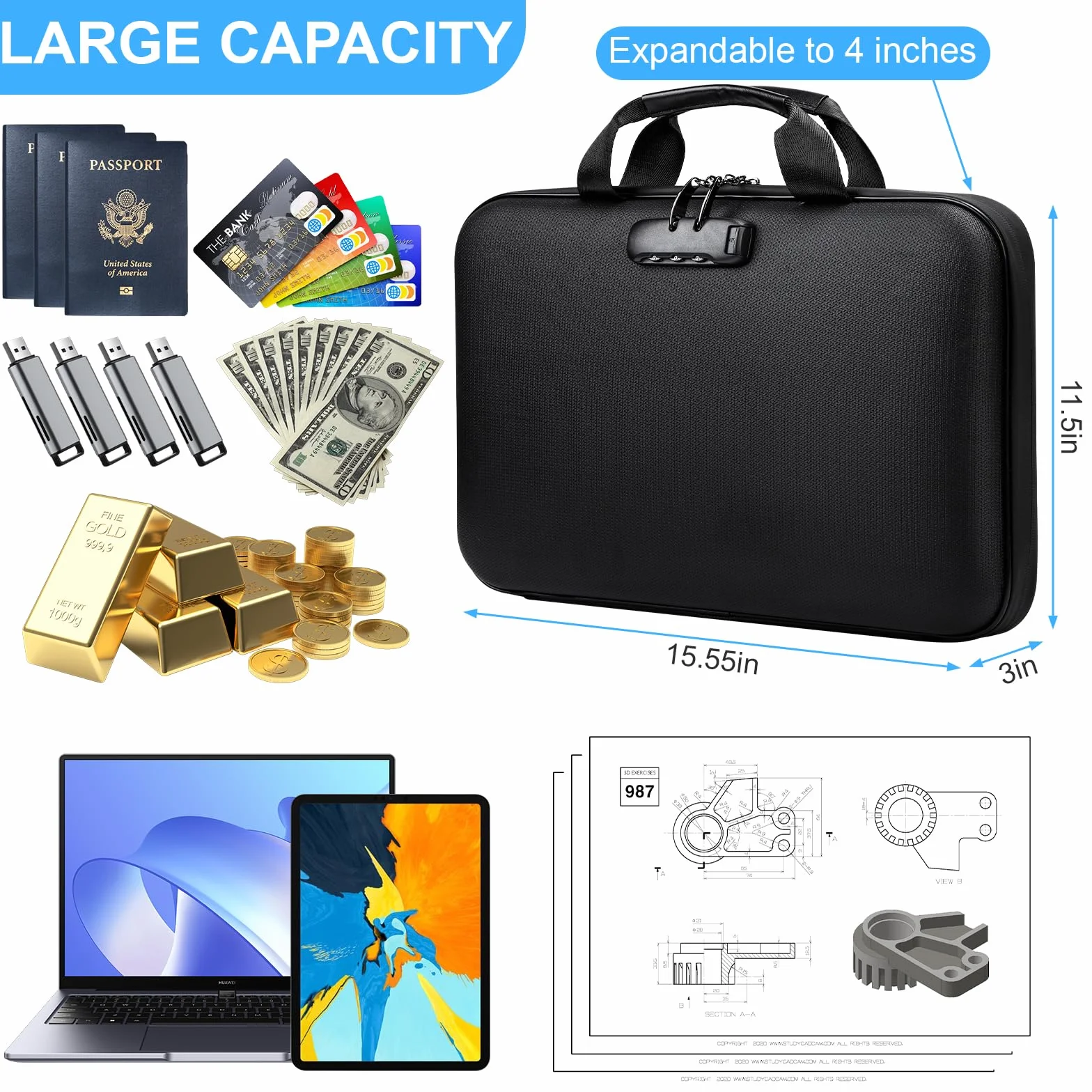 Sejf ognioodporny torba na dokumenty 36x28x7,5 cm organizer A4 wodoodporny