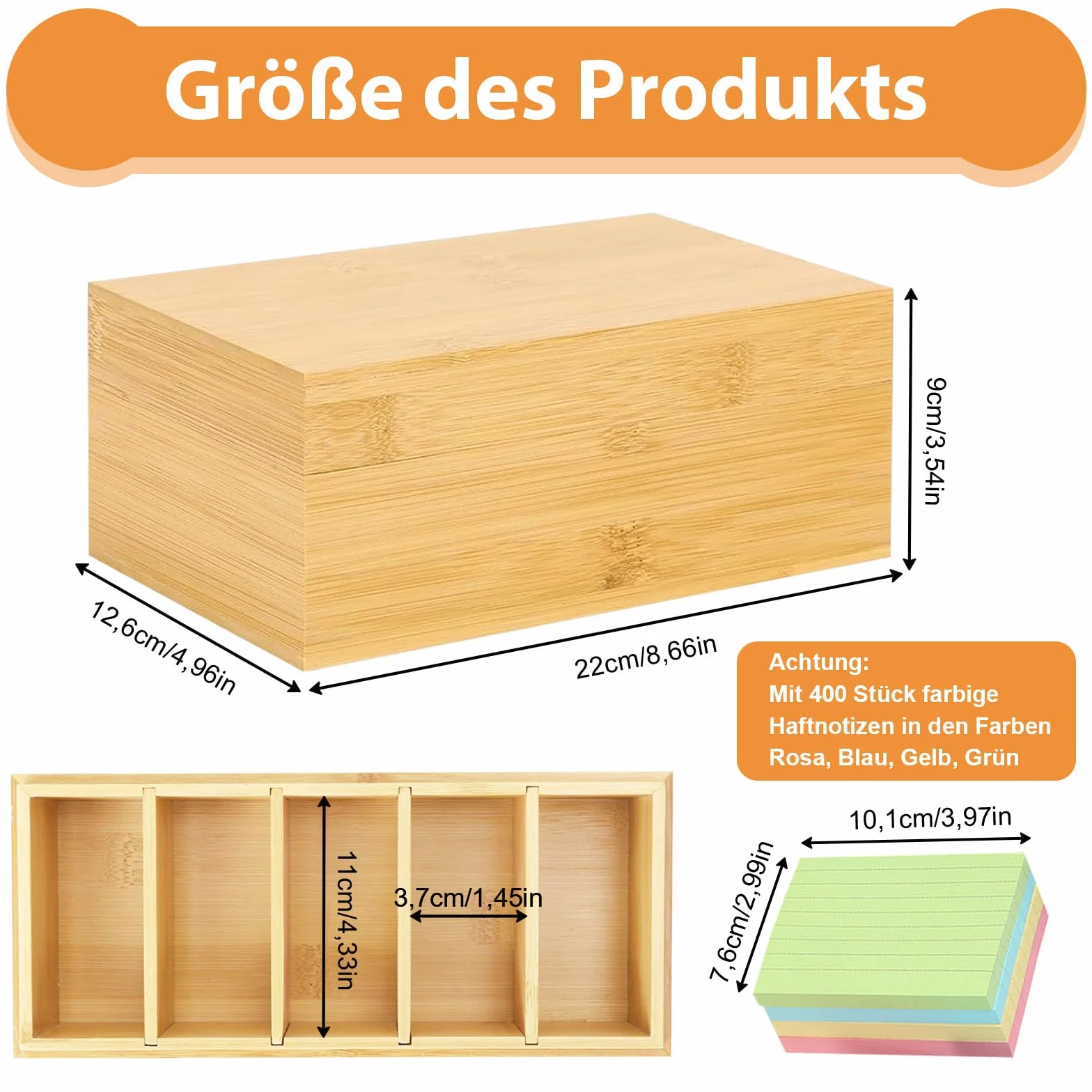 Drewniane pudełko na fiszki A7, 22 x 12,6 x 9 cm, drewniane pudełko na fiszki z pokrywką, drewniane pudełko na słownictwo z 4 wyjmowanymi ściankami działowymi i 400 karteczkami samoprzylepnymi, do