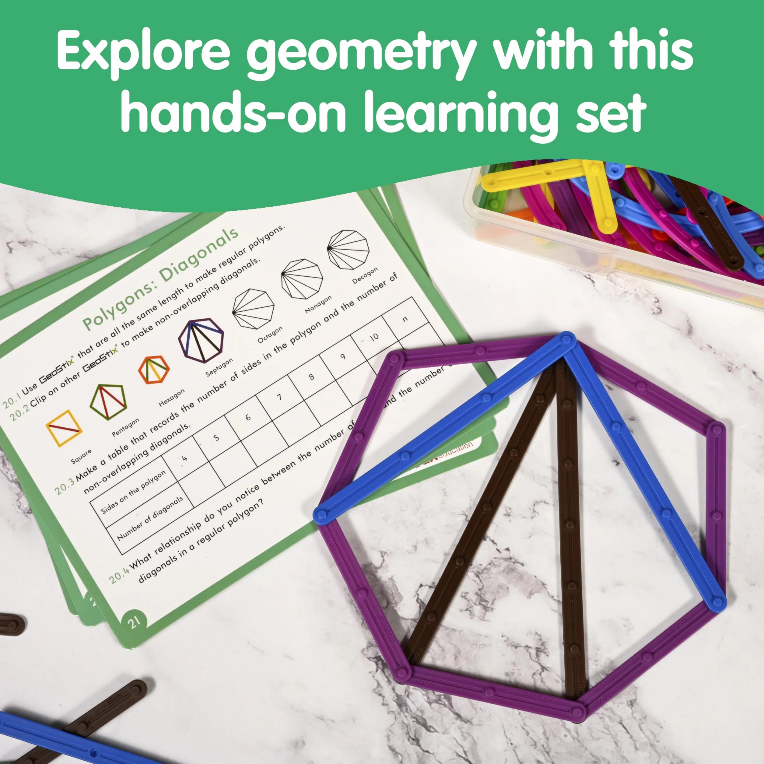 edxeducation GeoStix Deluxe zestaw | Teach Geometry | 100 patyczków konstrukcyjnych, 2 kątomierze, karty aktywności, manipulacja matematyką, sztuką i motoryką