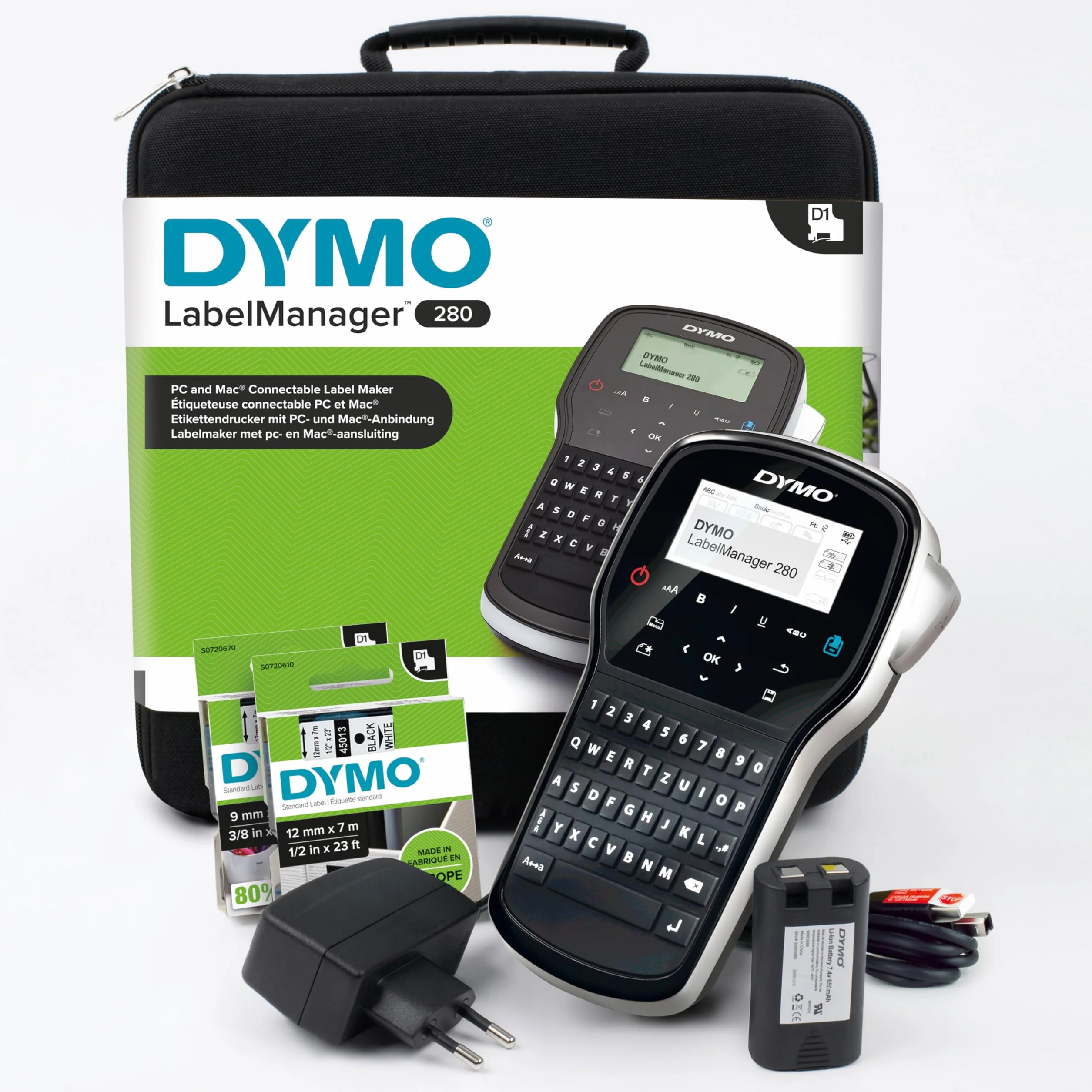 Zestaw ręcznej drukarki etykietDYMO LabelManager 280, klawiatura QWERTY, 2 rolki etykiet D1 i walizka do przenoszenia