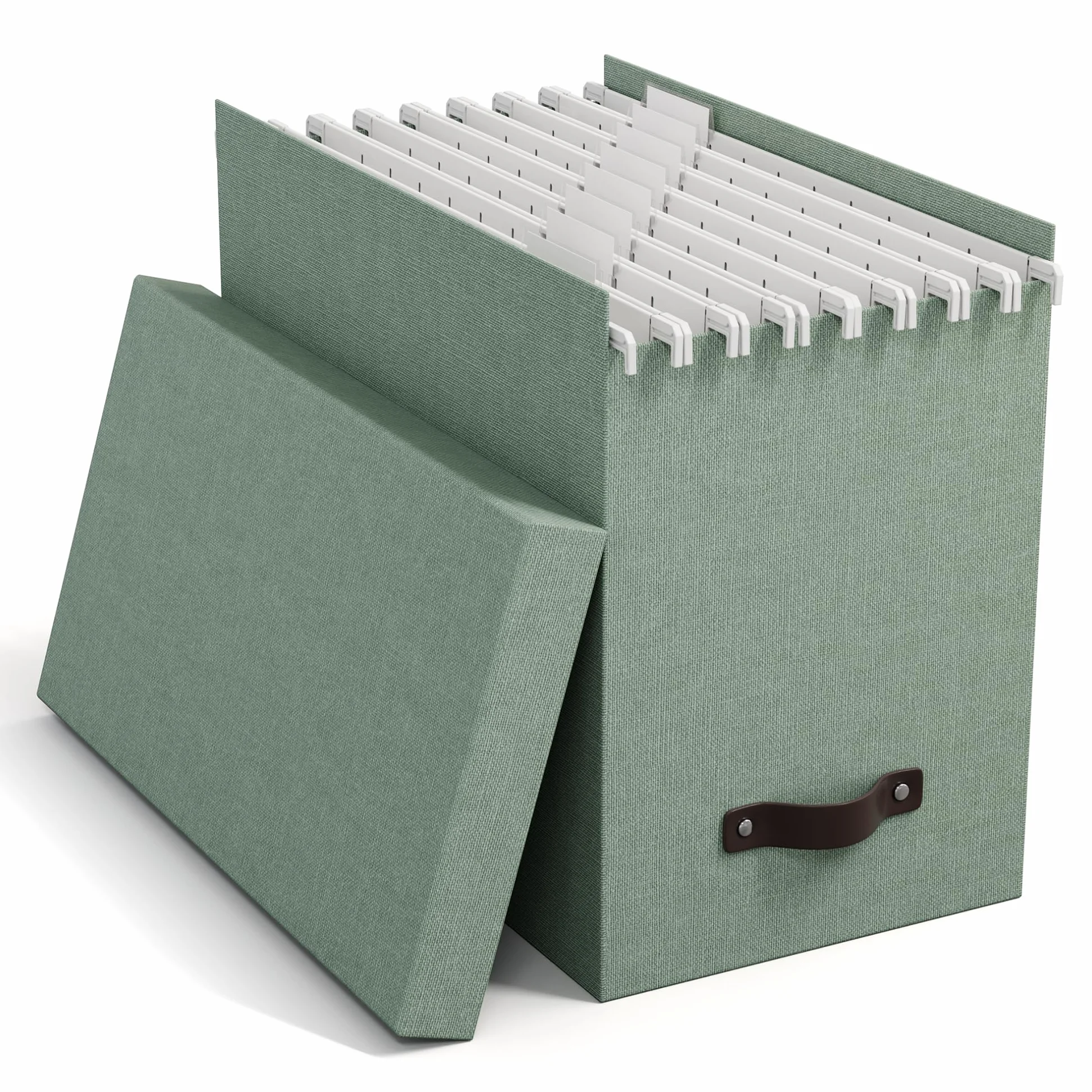 Bigso Box of Sweden JOHAN Pudełko z pokrywką – stylowe pudełko archiwalne z 8 zawieszanymi skoroszytami – pudełko na teczki wiszące z płyty pilśniowej i papieru o stylowym wyglądzie lnu, miętowa