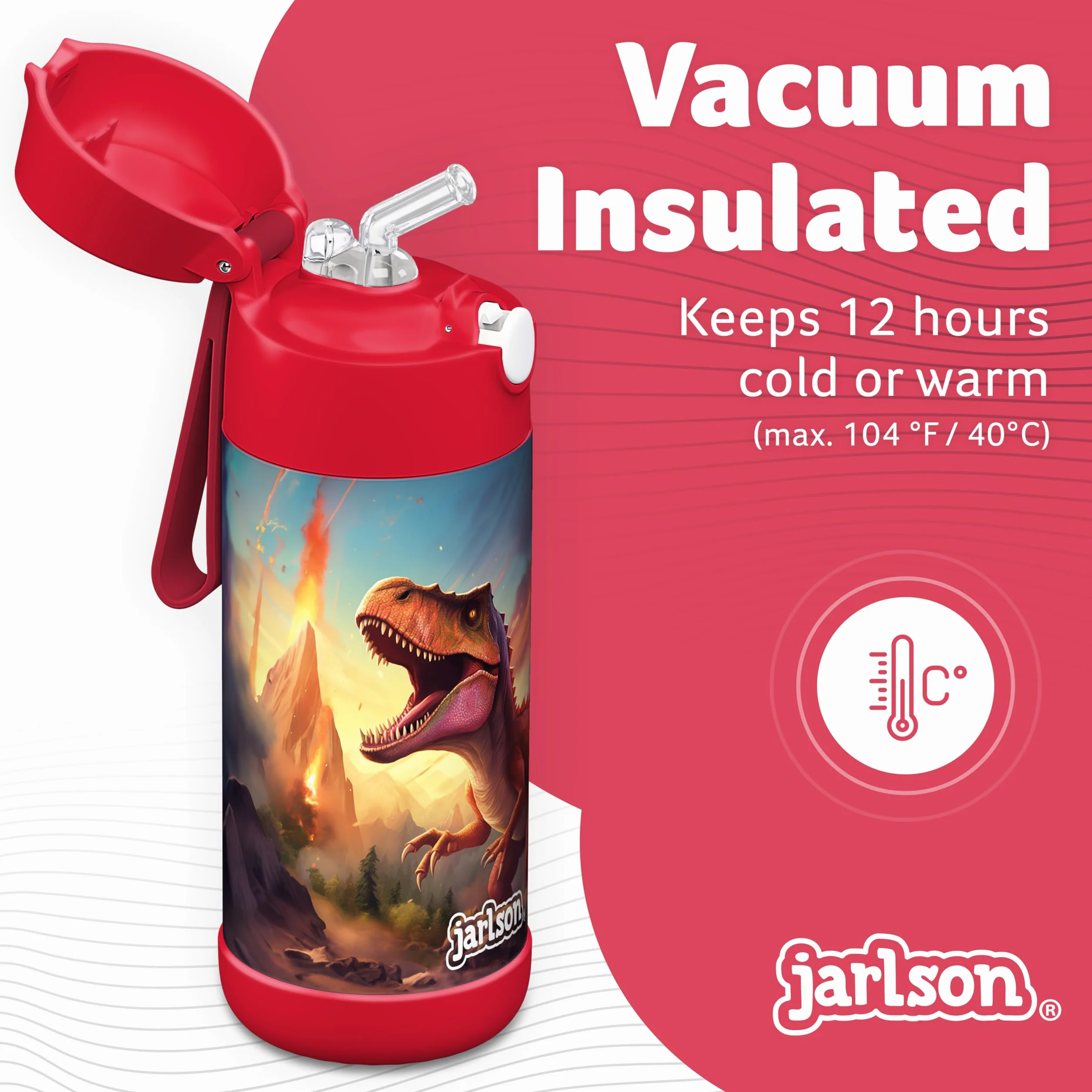 JARLSON® Butelka do picia dla dzieci, stal nierdzewna, ze słomką, 350 ml, certyfikat TÜV, nie zawiera BPA, szczelna, termiczna butelka na wodę do szkoły, przedszkola, dinozaur 2.0, 350 ml