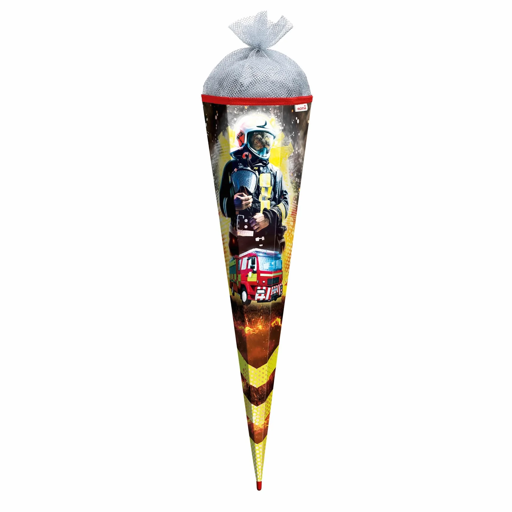 ROTH Rożek szkolny duży strażak 85 cm - folia i tiul srebrny, prostokątny czerwony (h) zamknięcie tiulowe - rożek na słodycze strażak początek roku szkolnego