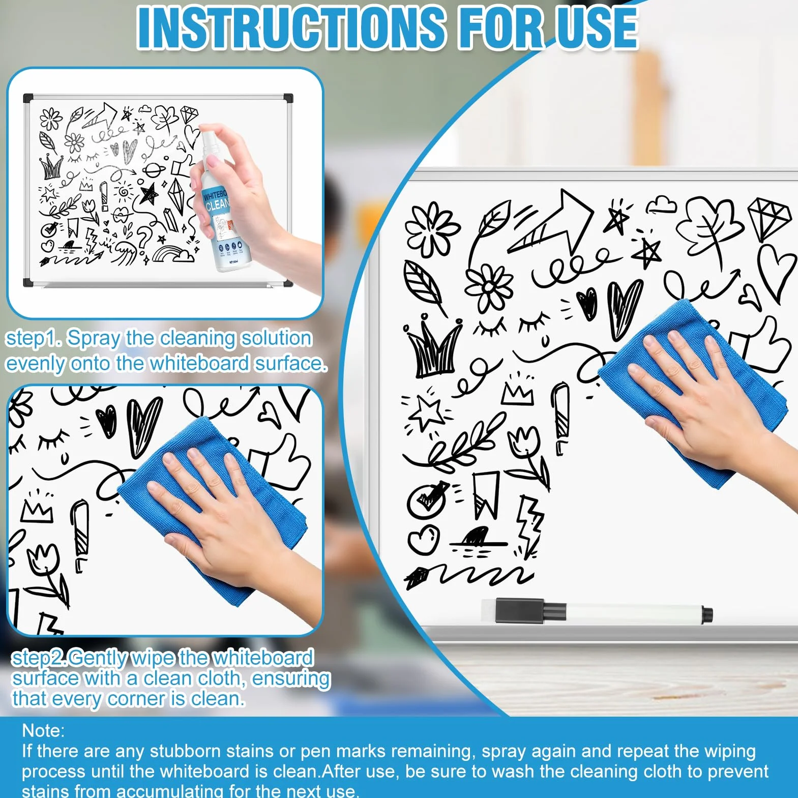 Spray do czyszczenia tablic białych Whiteboard Cleaner z magnetyczną tablicą i 3 markerami