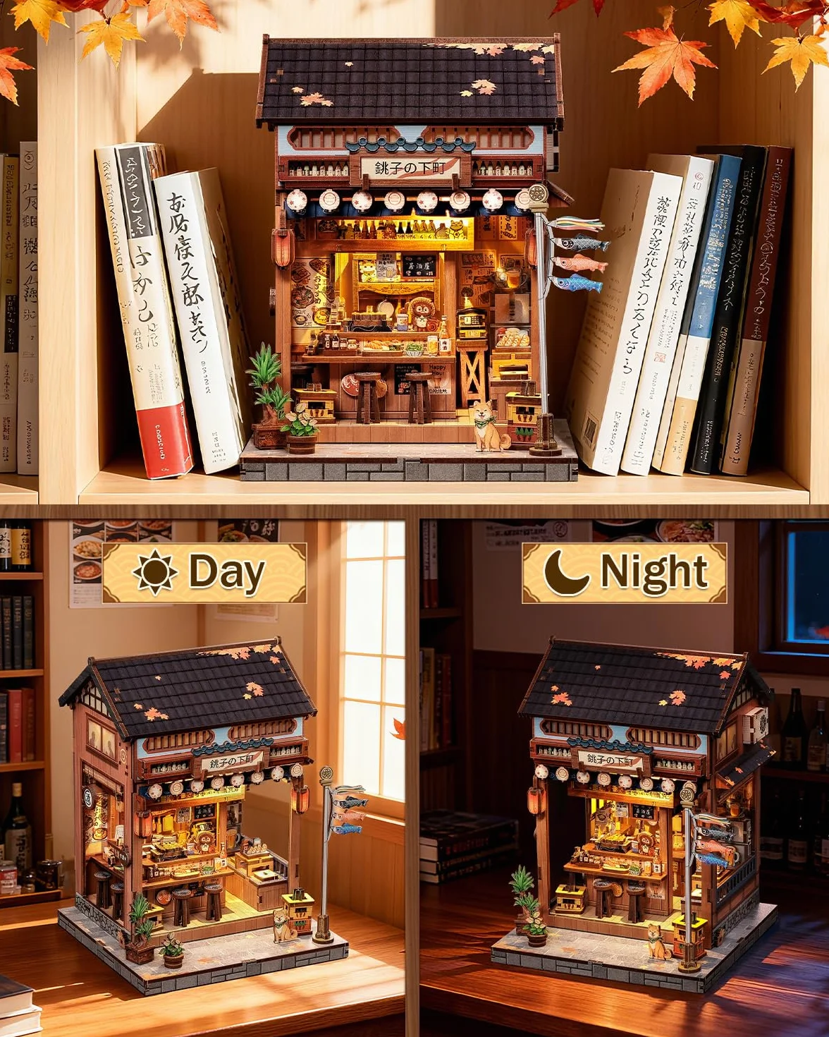 Book Nook – Miniaturowy domek z LED i osłoną antypylową, dekoracja japońska, dekoracja regału, puzzle 3D dla dorosłych, prezent (Choshi no Shitamachi) Shitamachi)