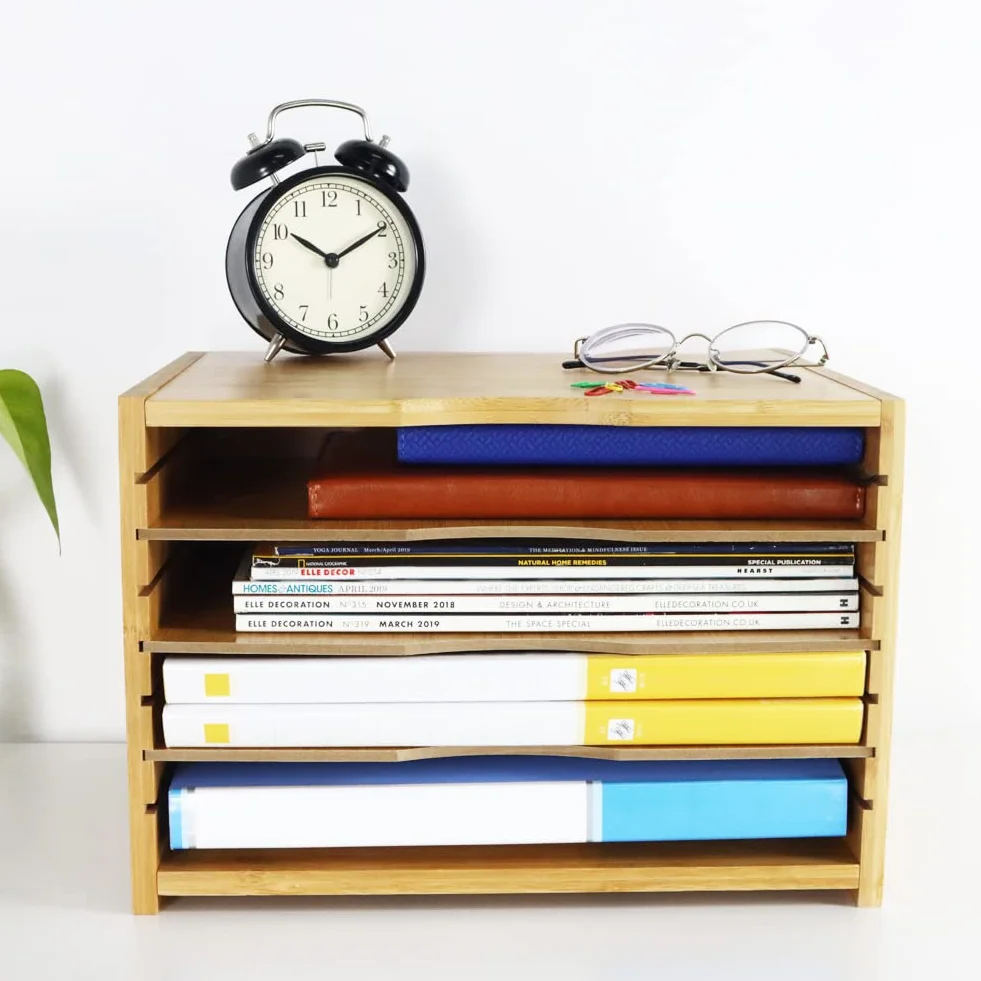 WKWKER Bambusowa Taca Na Listy Z 3 Regulowanymi Półkami Organizer Na Biurko, 3-poziomowa Taca Na Papier Do Biura, Domu, Gabinetu, Przechowywania Na Biurku (Kolor Naturalny)