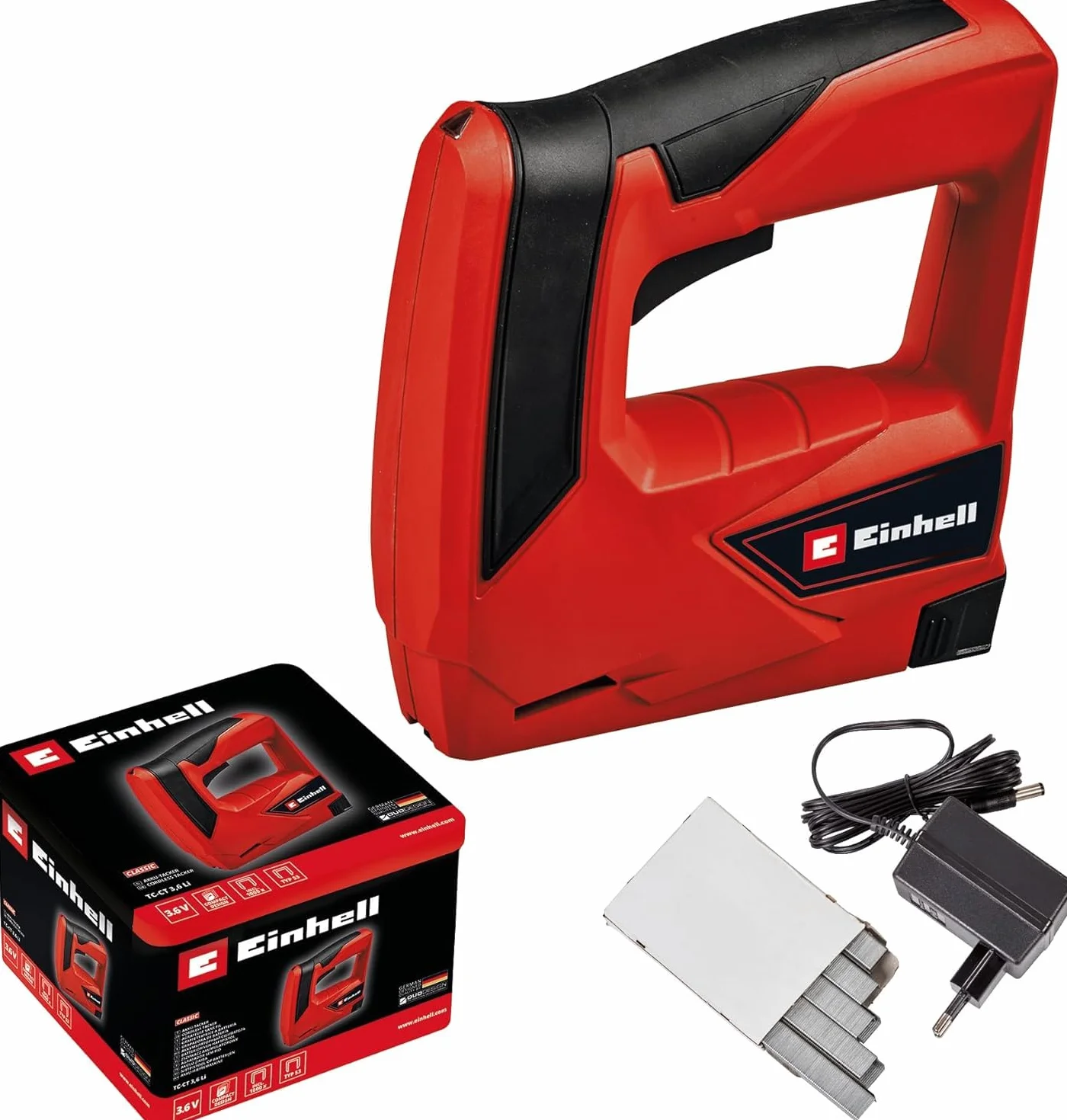 Einhell Zszywacz akumulatorowy TC-CT 3,6 Li (3,6 V, 1,3 Ah, 30 strzałów/min, ergonom. Softgrip, bezpieczny nos, dostawa wraz z metalowym pudełkiem, ładowarką i zszywkami)