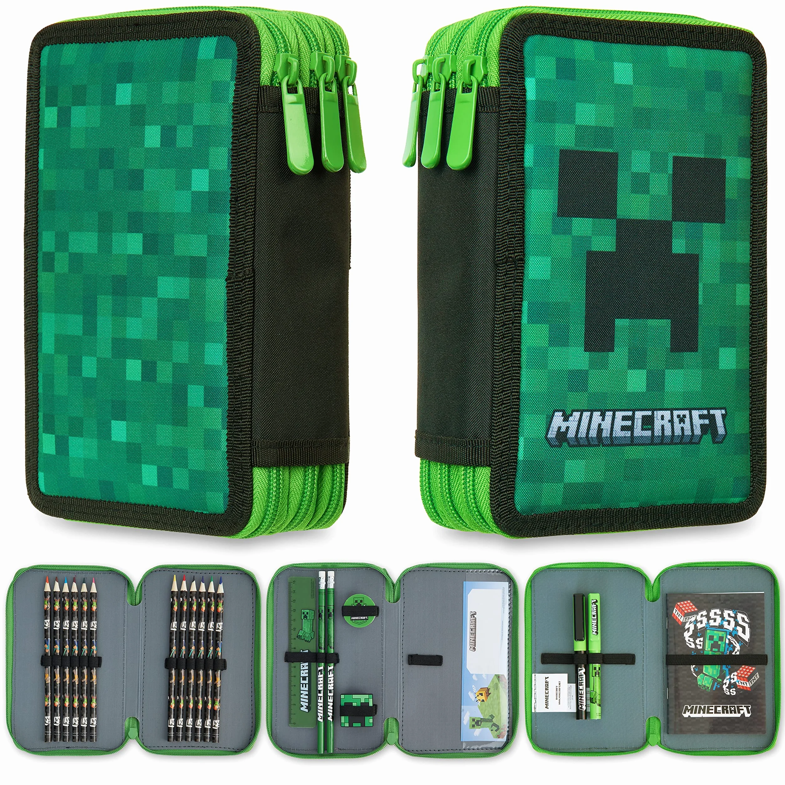 Minecraft Wypełniony piórnik dla dzieci z wieloma przegródkami, w zestawie artykuły papiernicze - przybory szkolne (zielony pnącze)