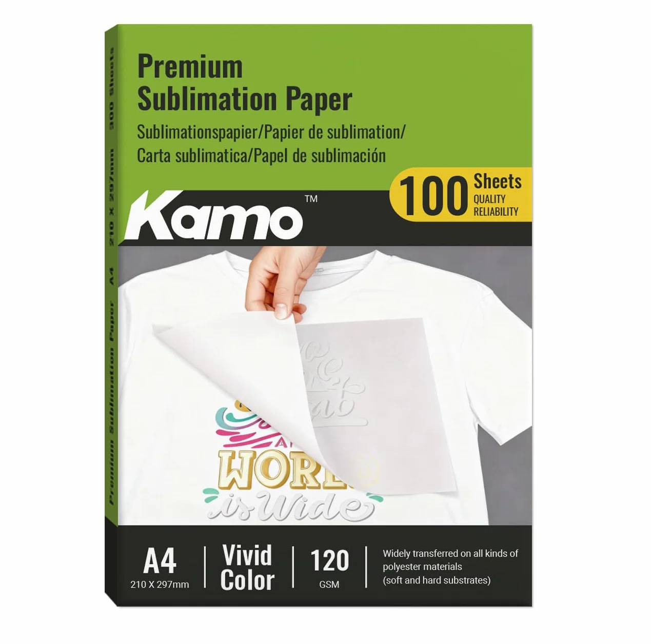 kamo Papier sublimacyjny A4, 210 x 297 mm, 100 arkuszy, 120 g/m², do bawełny, T-shirtów, filiżanek, szkła, kompatybilny z drukarkami sublimacyjnymi EPSON, SAWGRASS, RICOH, BROTHER