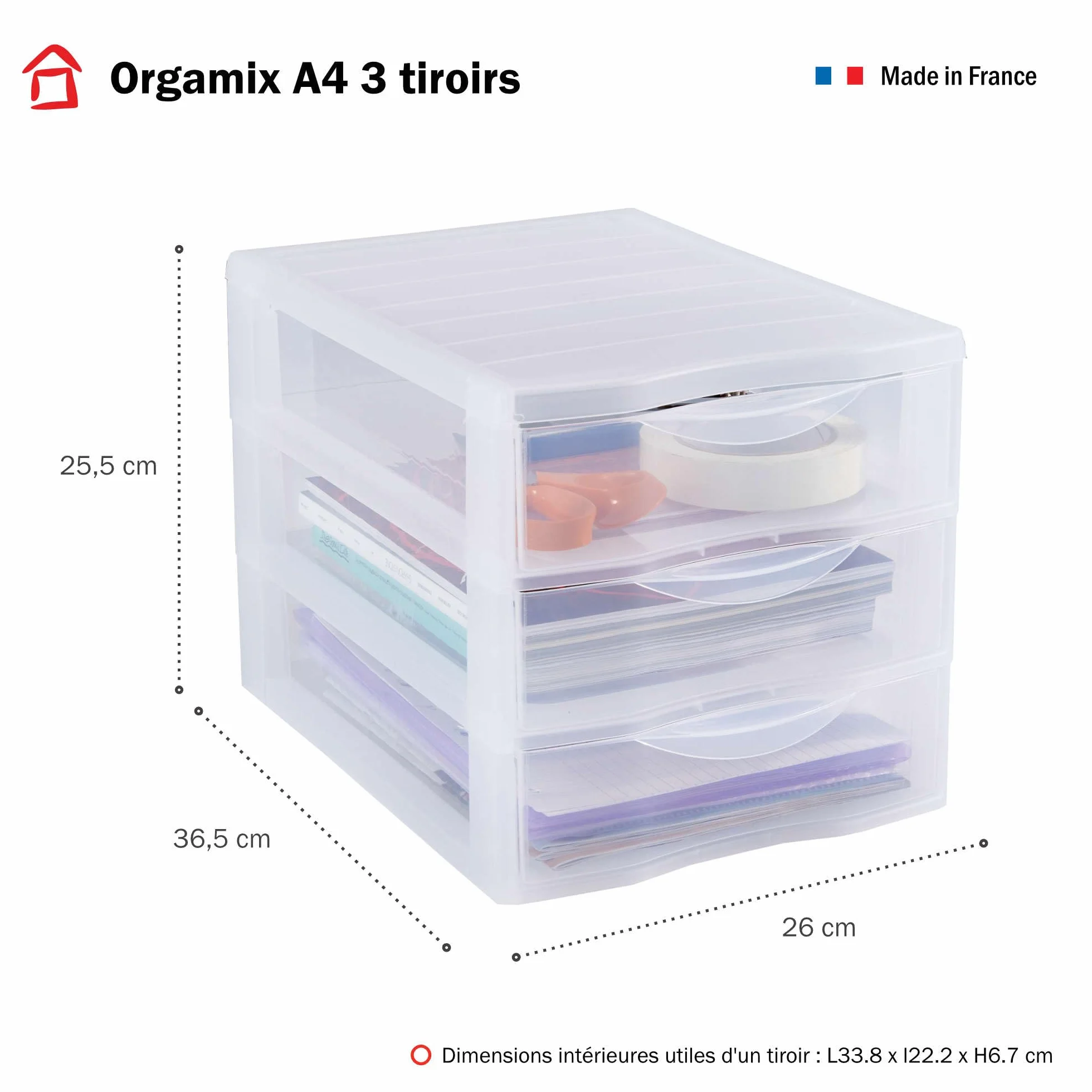 SUNDIS Orgamix, plastikowy komoda do przechowywania, 3 przezroczyste szuflady A4, wysokość 25,5 cm, możliwość sztaplowania, idealna do przechowywania biurowego, lekcji, dokumentów