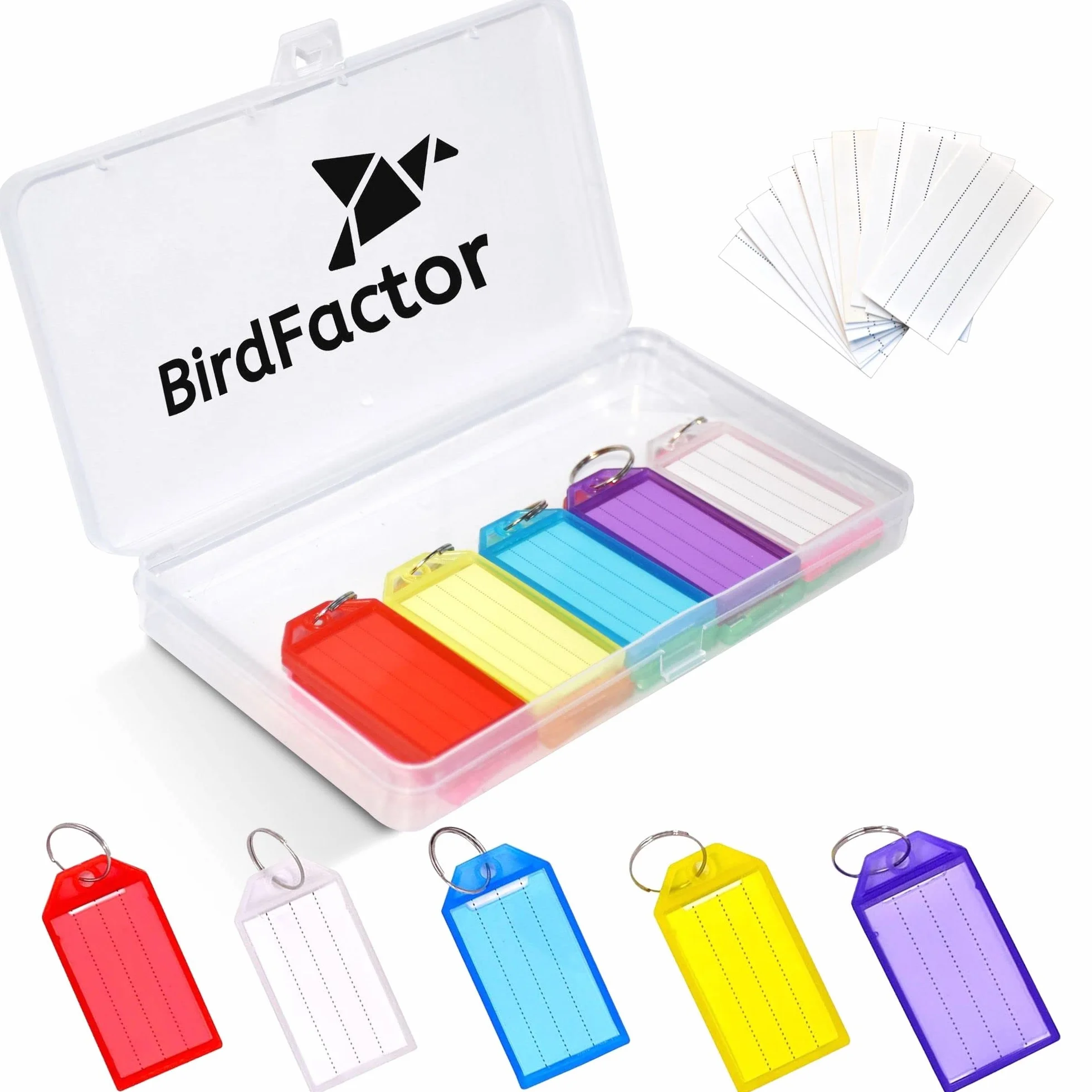 BirdFactor 25 sztuk wytrzymałych zawieszek na klucze z etykietami – 5 kolorów, plastikowe pudełko z dodatkowymi etykietami papierowymi, brelokami i brelokami z dzielonymi pierścieniami na klucze,