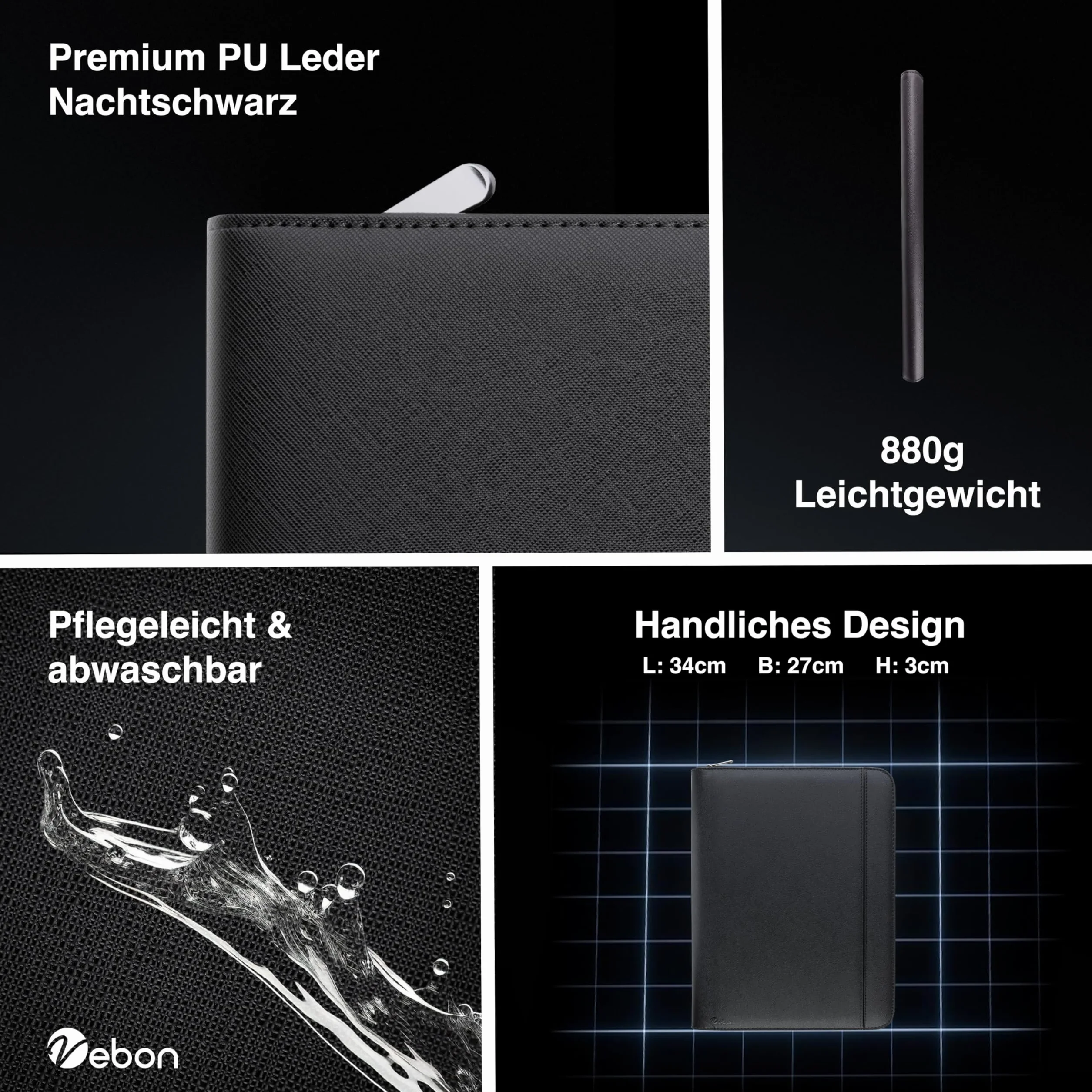 Vebon® A4 teczka na dokumenty "Berlin", zamek błyskawiczny + teczka na bloki, wykładowca + torba na laptopa, dodatkowe miejsce do przechowywania, czarna, sztuczna skóra, czarny, 35,5 x 28 x 3.8 mm