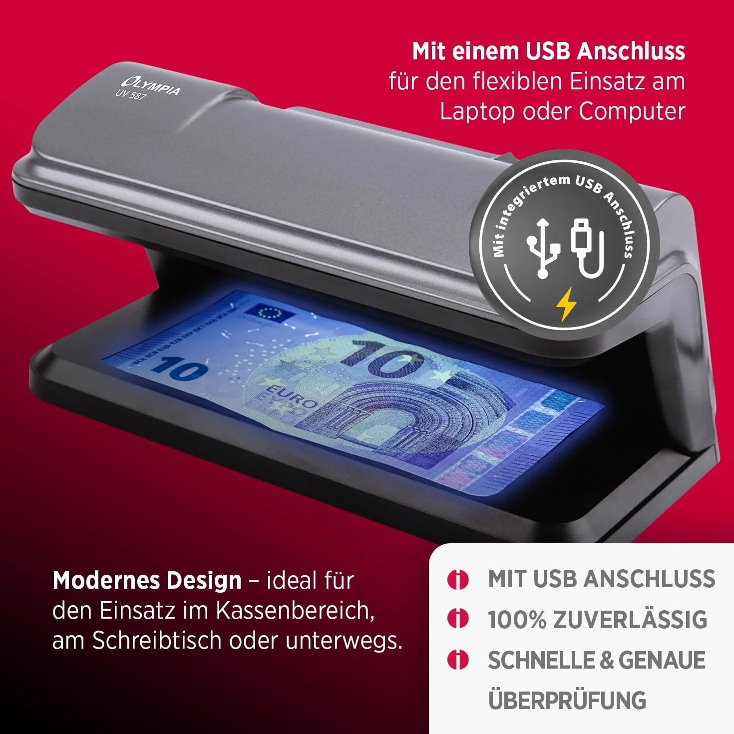 Olympia UV 587 tester banknotów – USB tester/lampa z UV LED do sprawdzania banknotów, fałszywych pieniędzy, kart kredytowych i dowodów osobistych