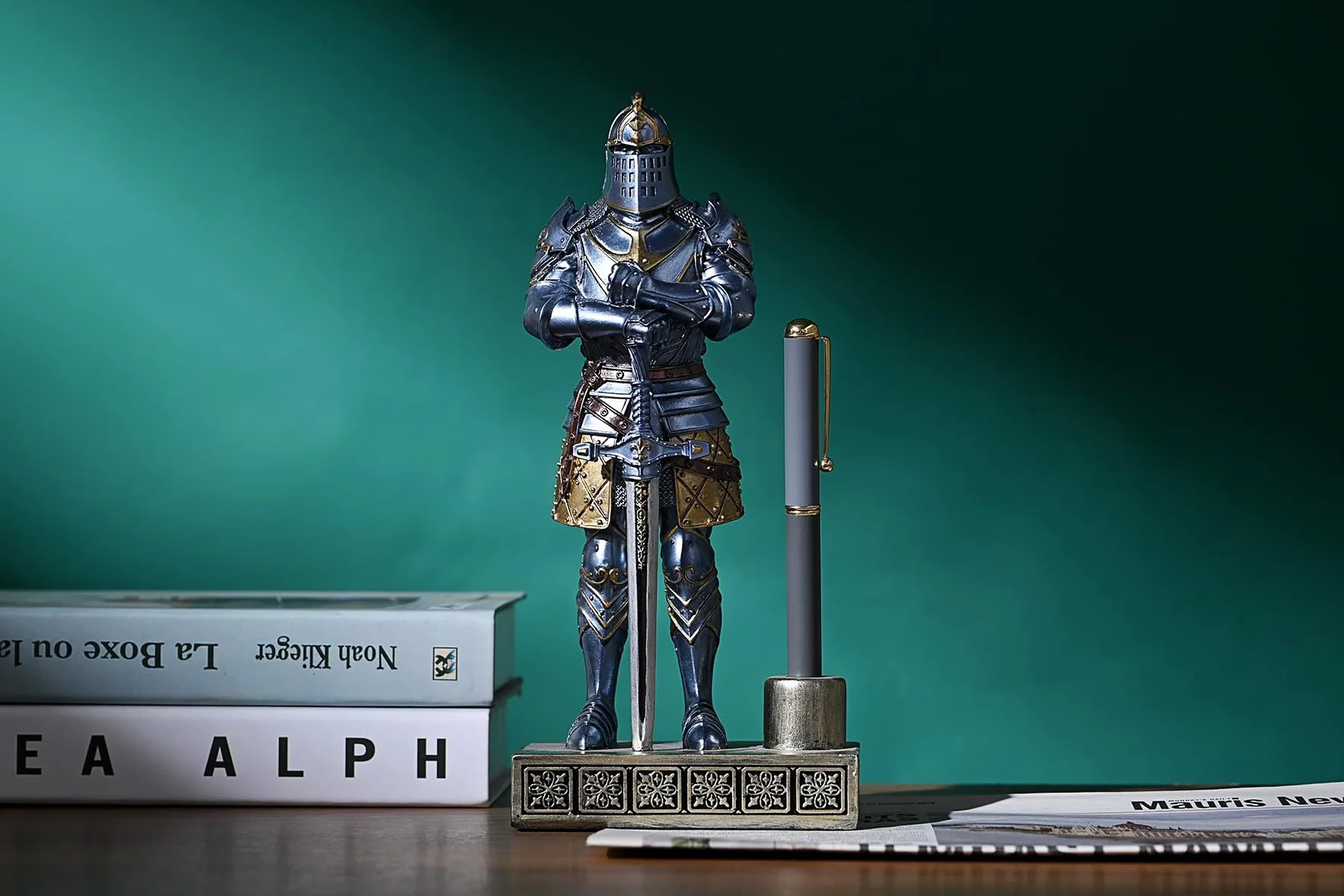 King's Guard rycerz stojak na długopisy statuetka biurowy stojak na długopisy organizer na biurko dla mężczyzn najlepsza kolekcja jako prezent 24 cm (niebieski)