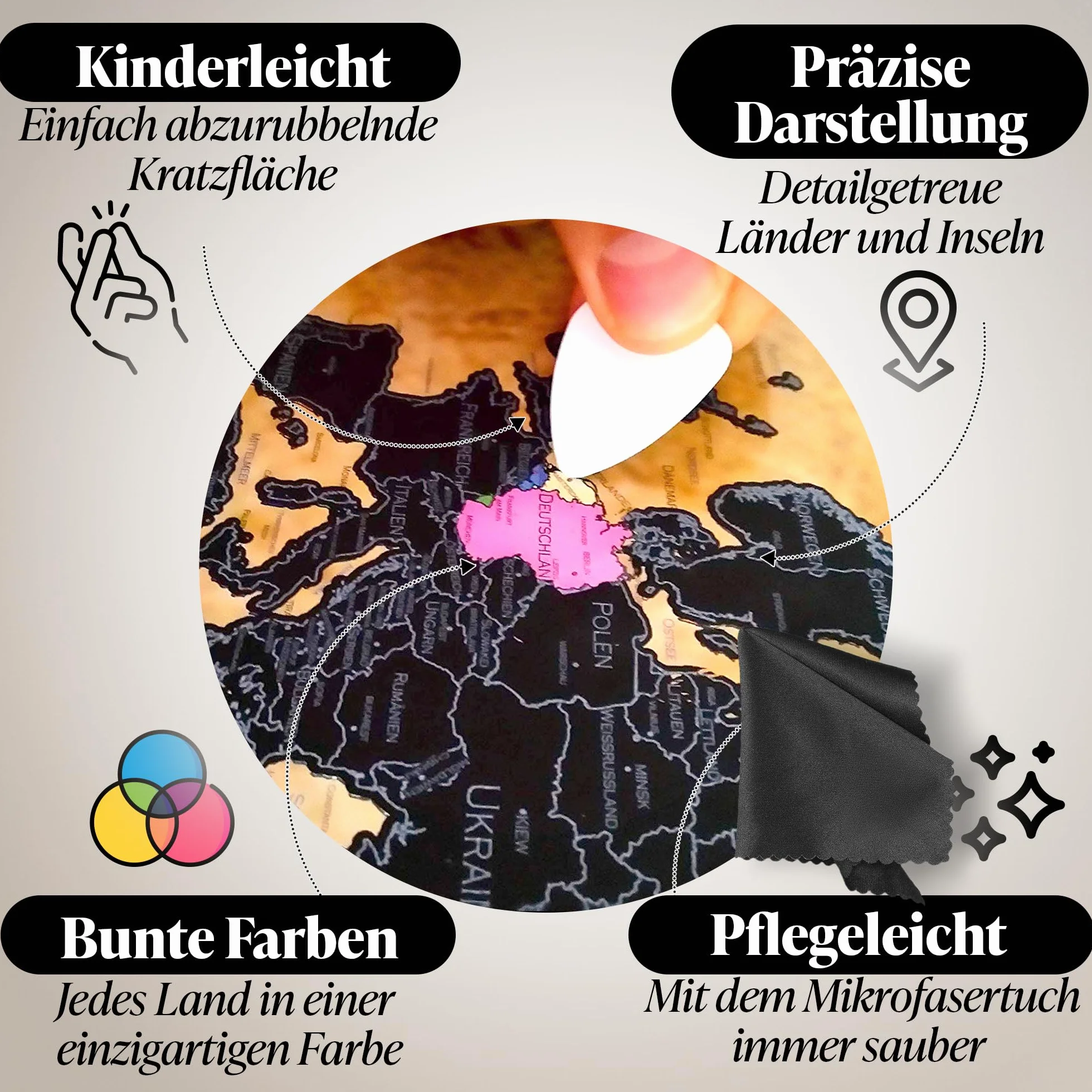 FlyHigh Mapa świata XXL do zdrapywania w języku niemieckim (82 x 60 cm) wraz z naklejkami, narzędziem do zdrapywania i ściereczką z mikrofibry (złoty)