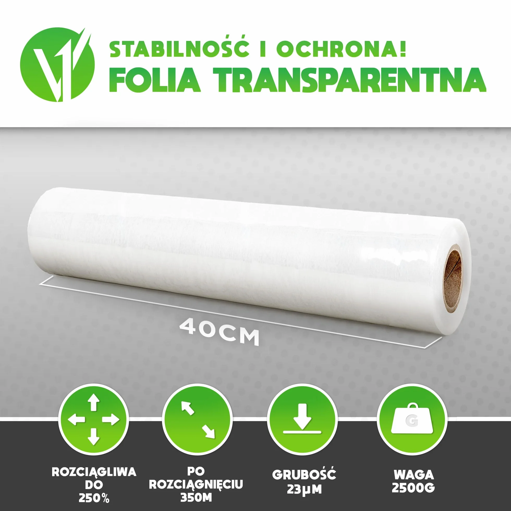 V1 Trade Folia stretch przezroczysta - 2,5 kg rolka folii - 23 mikrometry folia ochronna 100 m długości i 40 cm szerokości materiał opakowaniowy - folia do mebli