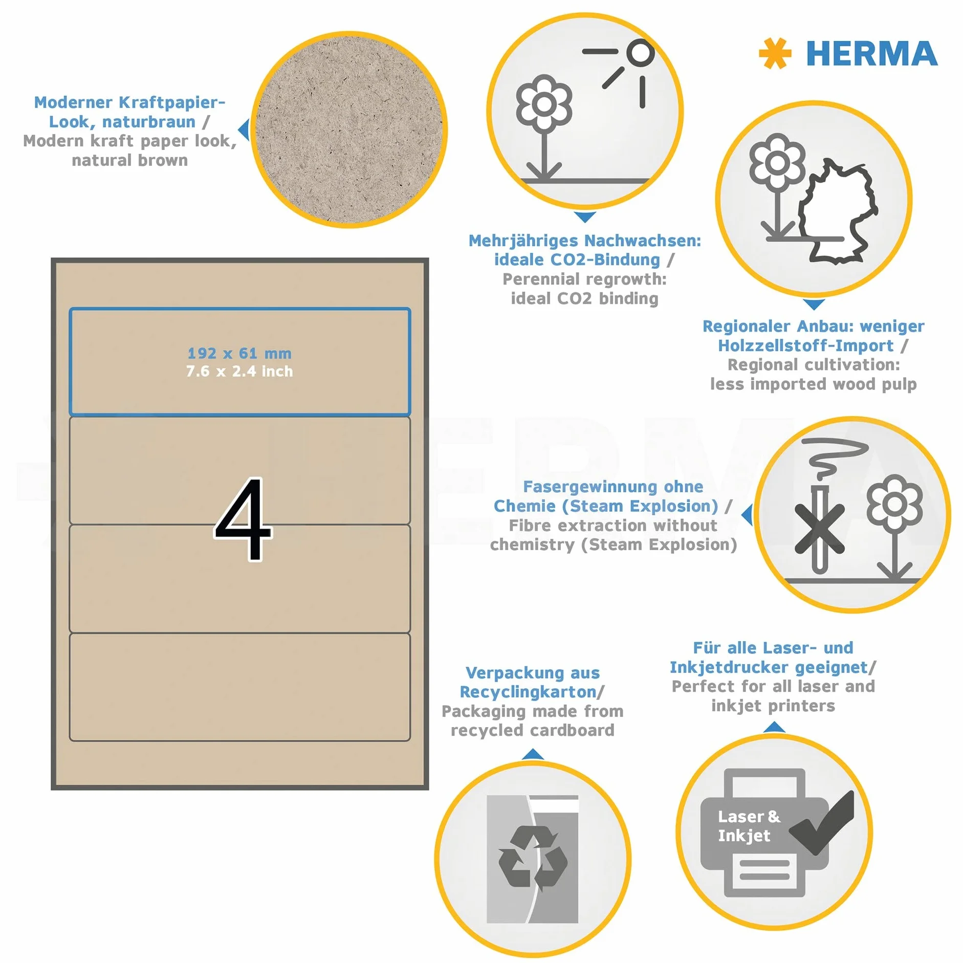HERMA 10760 Zestaw 20 arkuszy papieru Silphie matowe, krótkie/duży format A4 (192 x 61 mm, 20 arkuszy papieru Silphie mat), samoprzylepne, do drukowania, trwałe, 80 etykiet na foldery, naturalny brąz