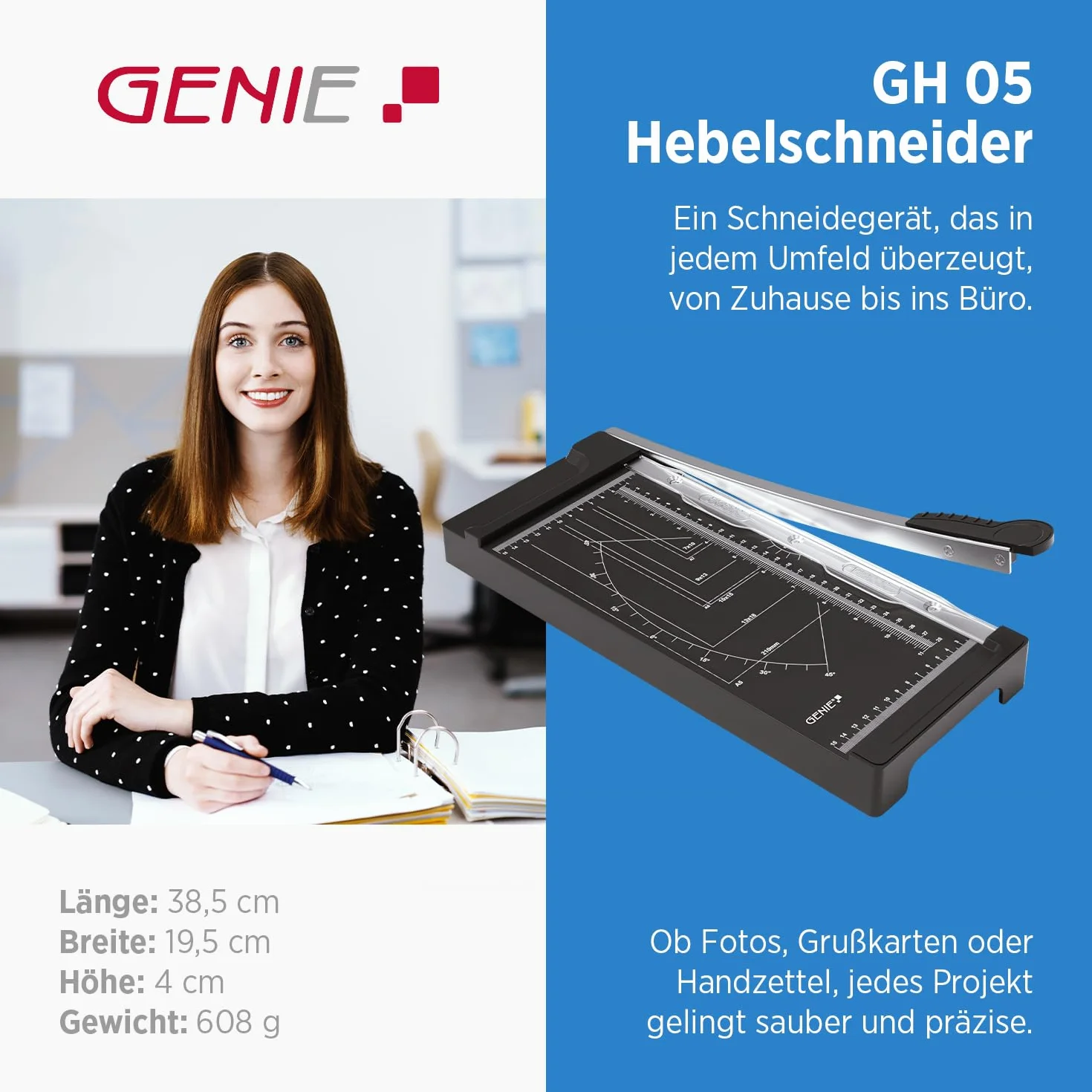 GENIE GH 05 gilotyna tnąca do papieru A4, do cięcia papieru, zdjęć i kartonu, maszyna do cięcia papieru z liniami ograniczającymi i szyną dociskową