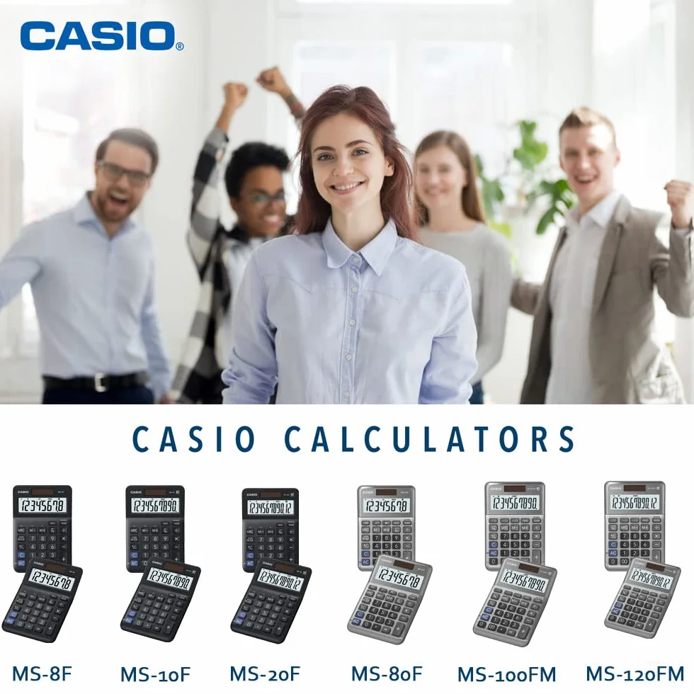 Casio Kalkulator biurkowy MS-80F, 8-cyfrowy, obliczenie podatku, pierwiastek kwadratowy, front aluminiowy, zmiana znaku, zasilanie energią słoneczną/bateryjną