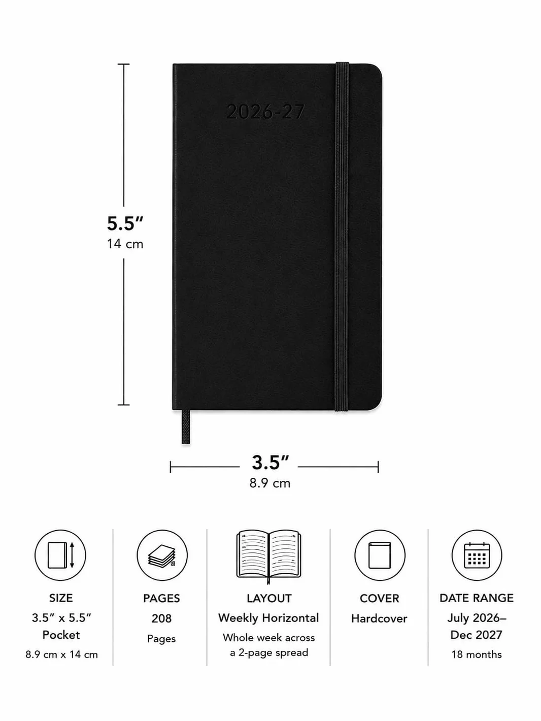 Moleskine Kalendarz tygodniowy 2026-2027 – 18-miesięczny planer poziomy z twardą okładką i zamknięciem na gumkę, kolor czarny, format kieszonkowy 9 x 14 cm