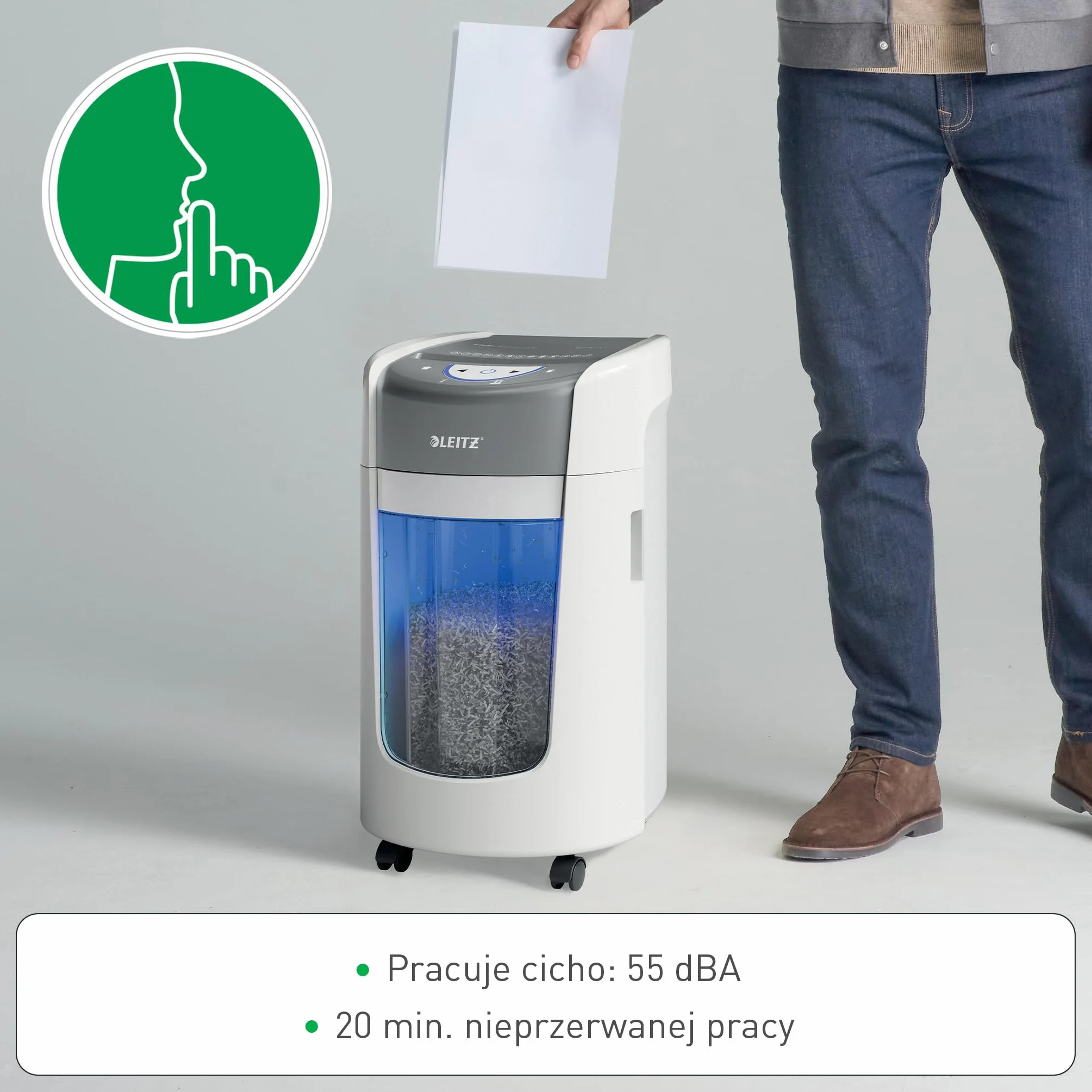 Leitz IQ OptiMax Small Office 225 niszczarka mikrocięcie, pojemnik 15 L (225 arkuszy), niszczy 8–9 kartek (70–80 g/m²), czas pracy 20 min, technologia obrotowa, +45% pojemności, poziom P5