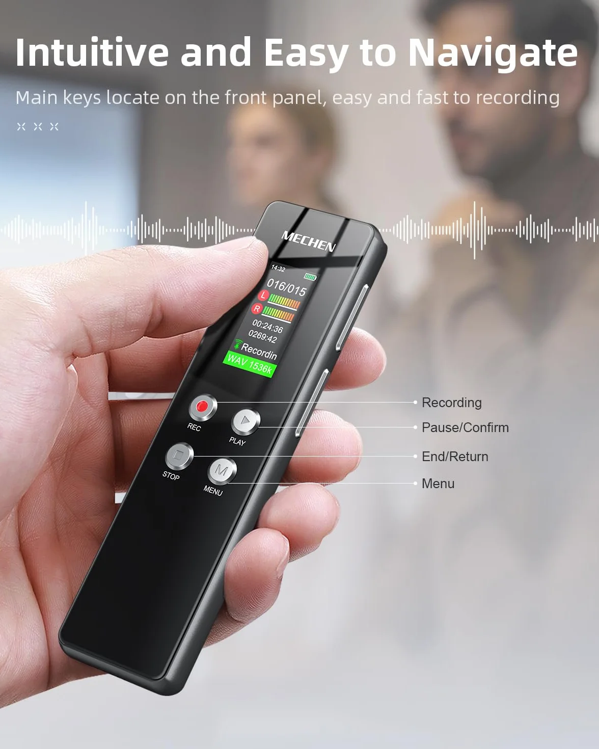 MECHEN V01 dyktafon 128 GB, nagrywanie głosowe, ochrona hasłem, automatyczna redukcja szumów, 300 mAh (czas pracy 15 godzin)