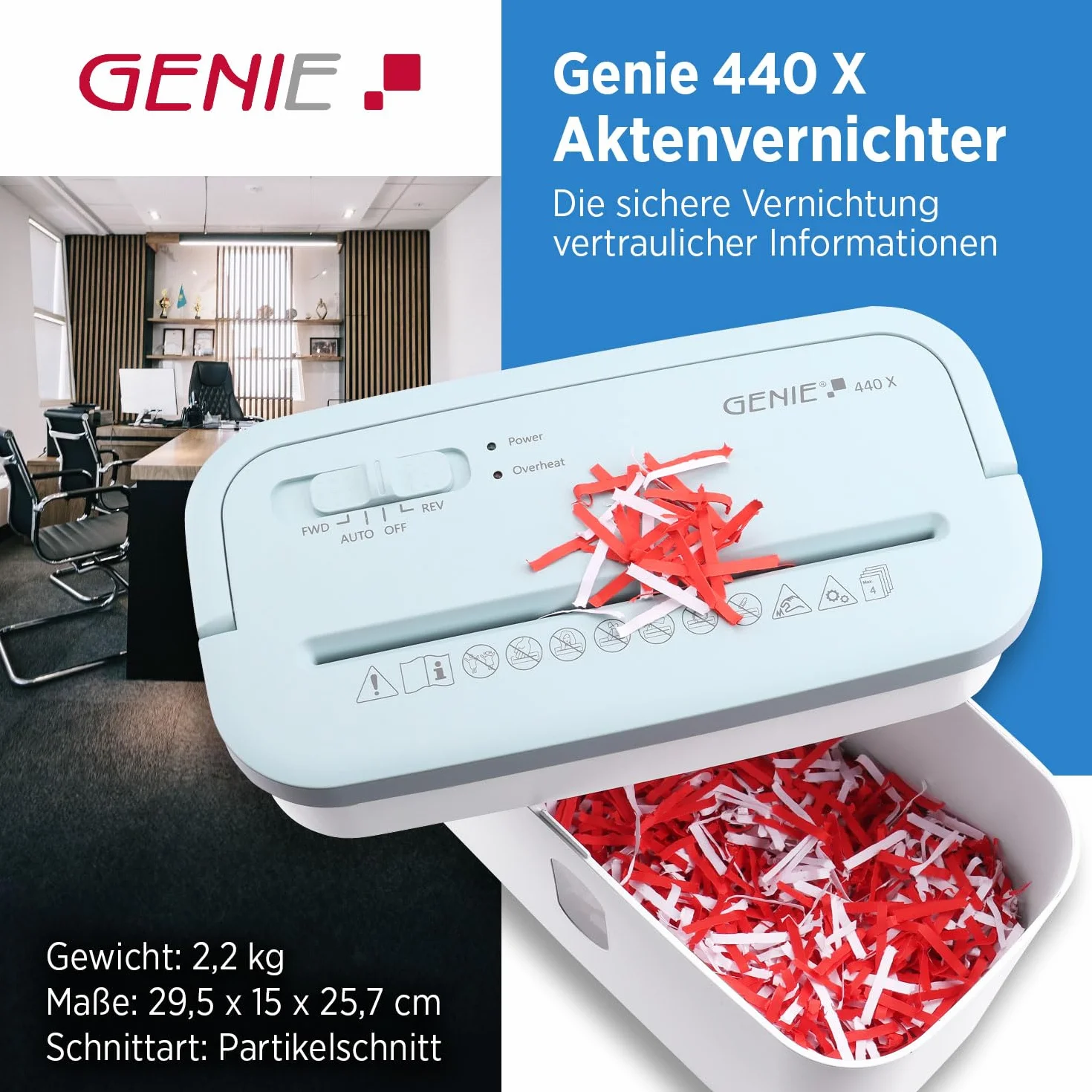 GENIE 440 x niszczarka dokumentów, cięcie cząstek 4 x 38 mm, poziom bezpieczeństwa P-4, cicha praca 72 dB, kompaktowa i mobilna niszczarka, automatyczna funkcja start/stop, zabezpieczenie przed