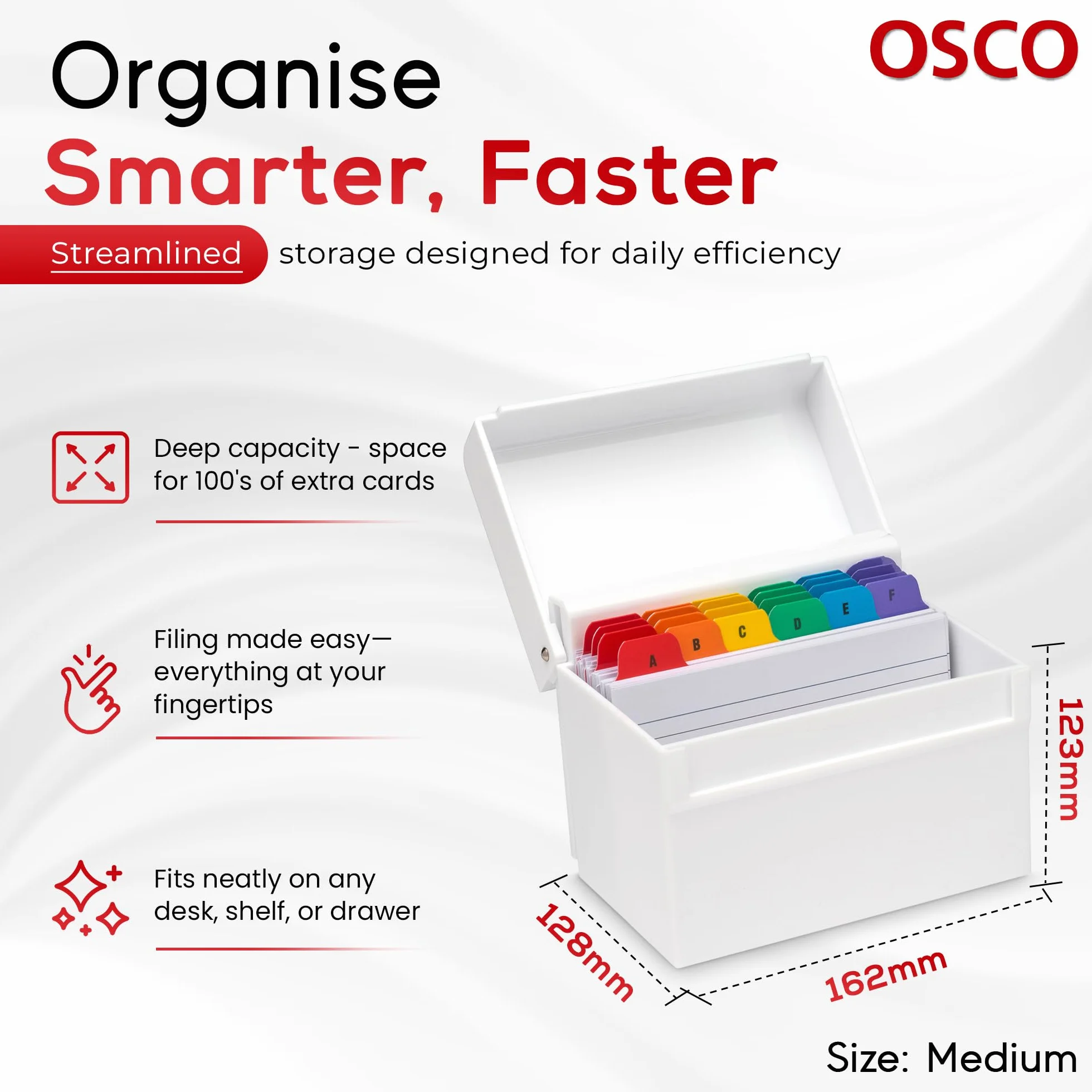OSCO Białe plastikowe pudełko indeksowe z przegródkami A-Z, 100 arkuszy w linie 15x10 cm
