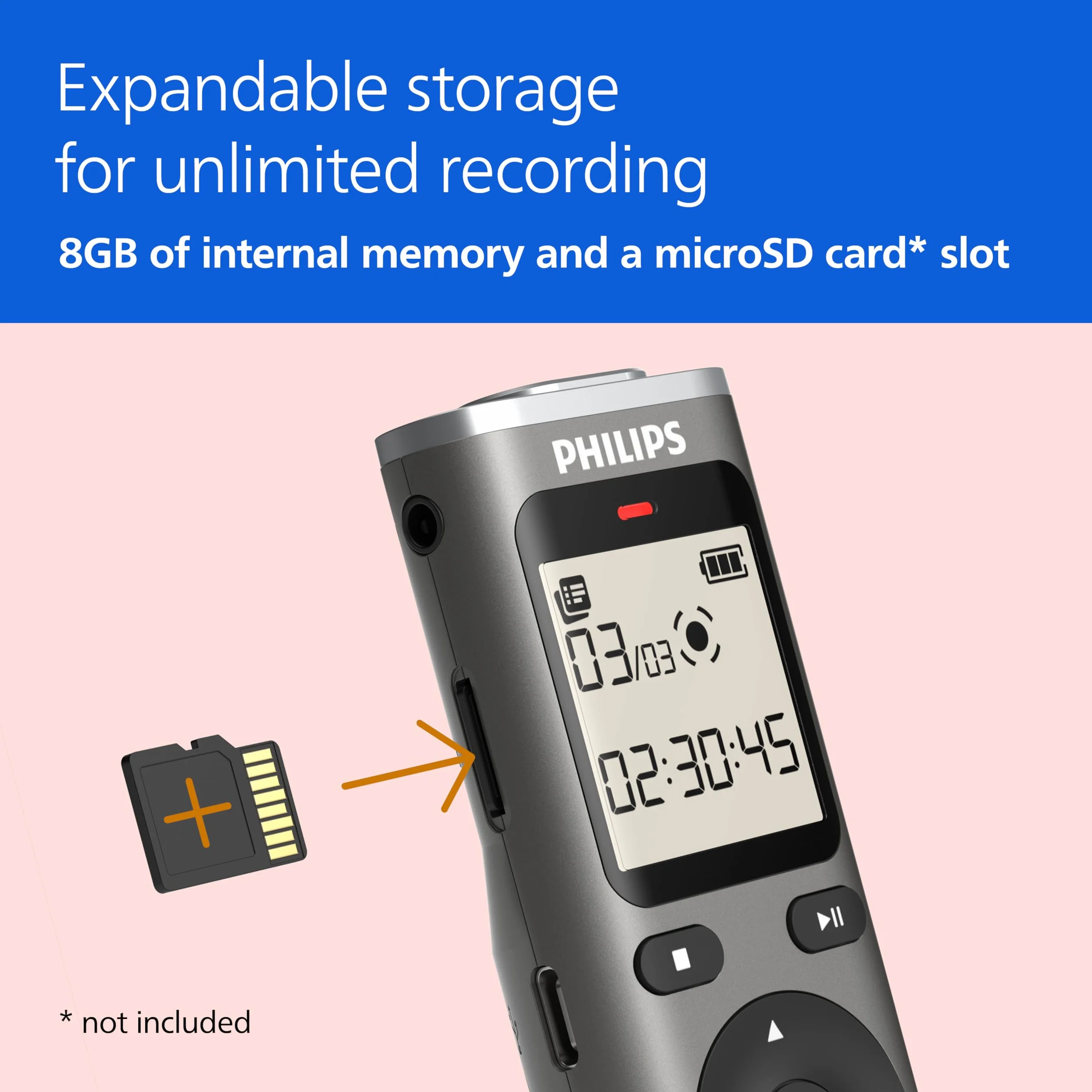 Philips DVT1170 VoiceTracer, rejestrator dźwięku, 8 GB, gniazdo kart Micro SD