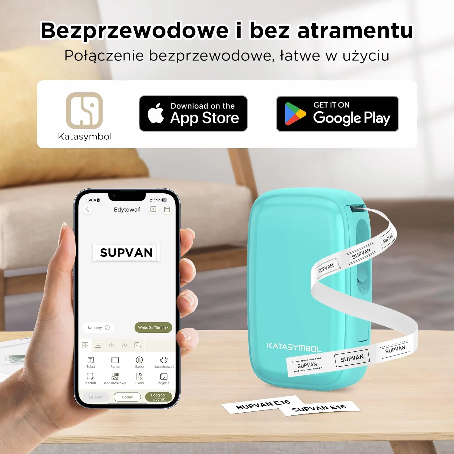 SUPVAN E16 Bluetooth Drukarka Etykiet z 1 rolką 15 mm x 6 m etykiet, Katasymbol Drukarka Samoprzylepnych do systemów iOS i Android, Cyjan