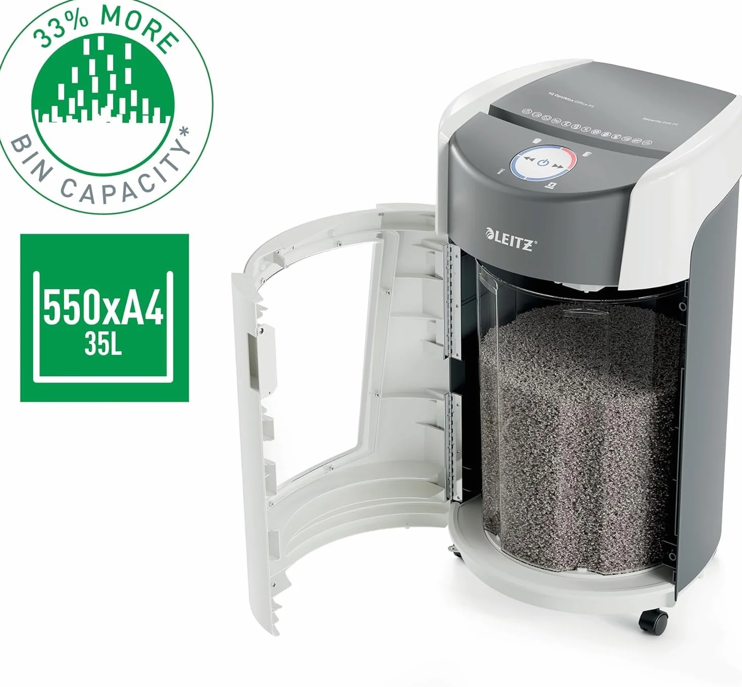 Leitz IQ OptiMax Office 550 Niszczarka P5 Mikrocięcie 35L 550 kartek A4 10-12 kartek 70-80 gsm 120 min
