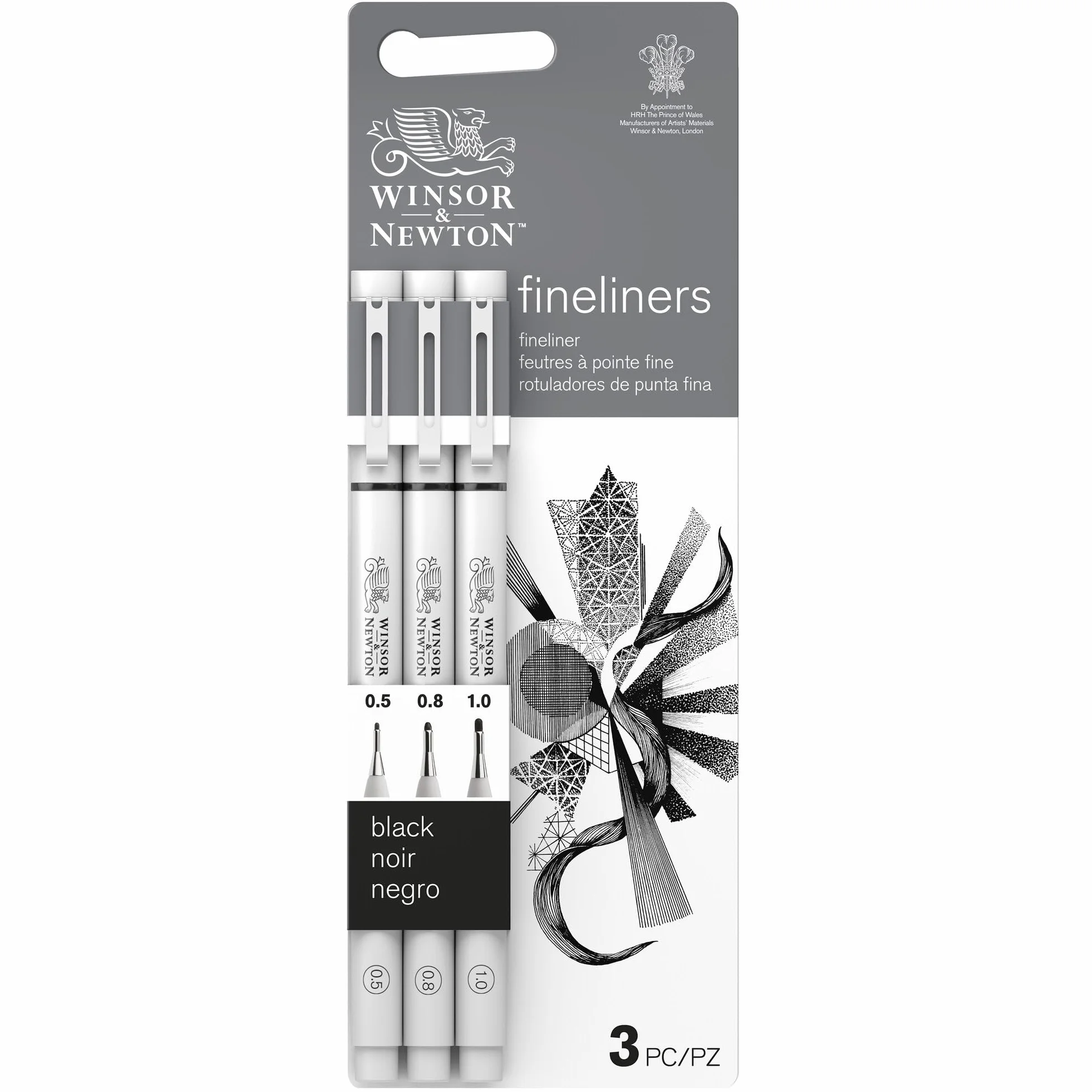 Winsor & Newton Fineliner - Zestaw 3 kalibrowanych długopisów fineliner, kolor czarny, końcówki 0,5, 0,8, 1.0