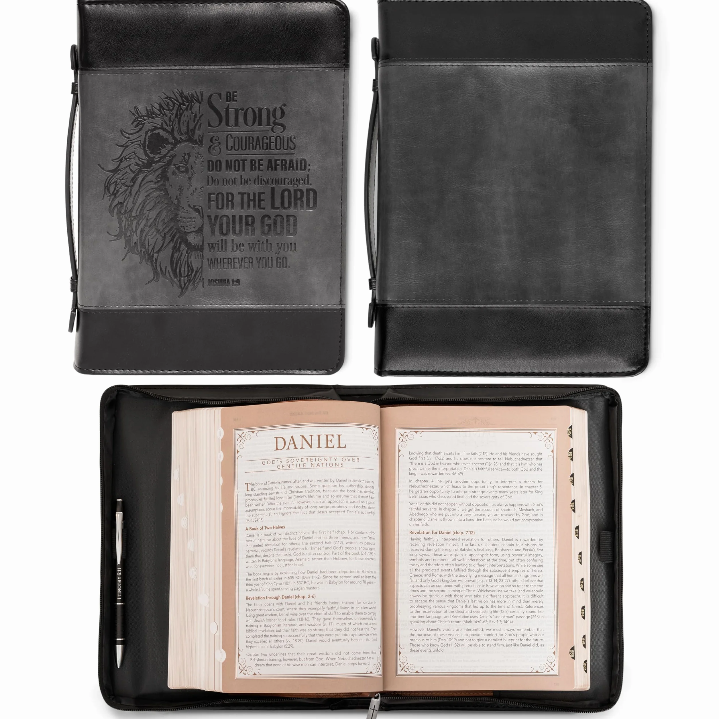 Christian Art Gifts Klasyczna okładka biblijna ze sztucznej skóry dla mężczyzn i kobiet: Be Strong and Courageous - Joshua 1:9 inspirujący werset biblijny z lwem, szary i czarny, rozmiar L