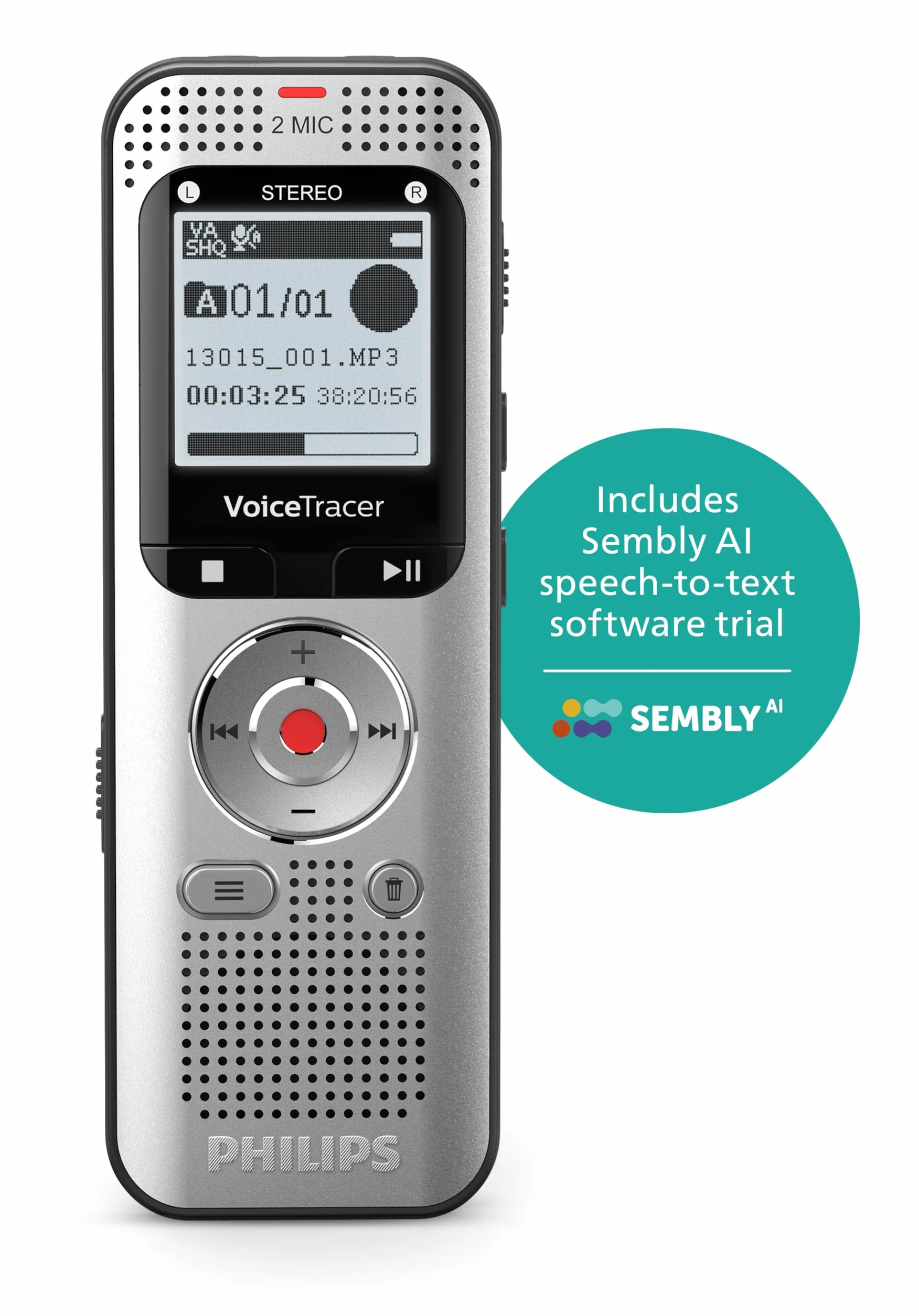 Philips DVT2015 VoiceTracer, dyktafon, nagrywarka, MP3, HiFi stereo, w zestawie licencja testowa Sembly AI: transkrypcja i podsumowania sztucznej inteligencji