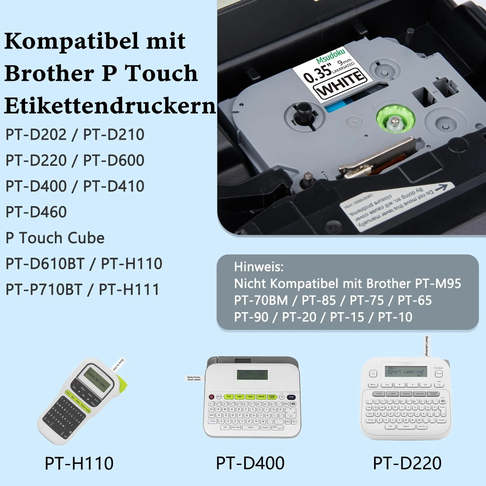 3x Msudoku TZe-221 kompatybilna taśma Brother TZe221 TZ-221 TZ 9 mm, odpowiedni dla PTouch H100LB H105 D210VP D600 D400 H107B P700 H100R D450 P750W 1000 1010, czarne na białym
