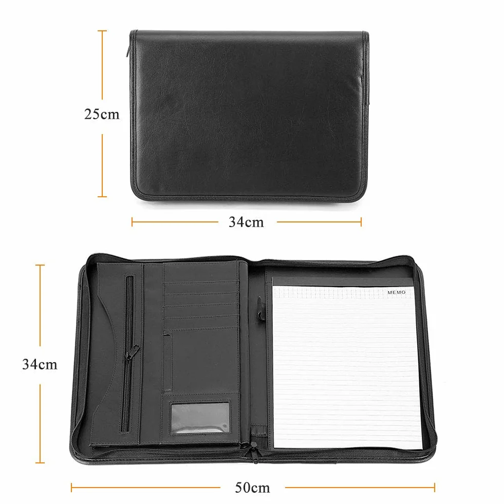 Greensen A4 Konferenzmappe PU Leder Schreibmappe Schwarz Dokumenten-Tasche mit Reißverschluss Schreibblock mit Fächern Dokumentenmappe Idealer Dokumenten Organizer