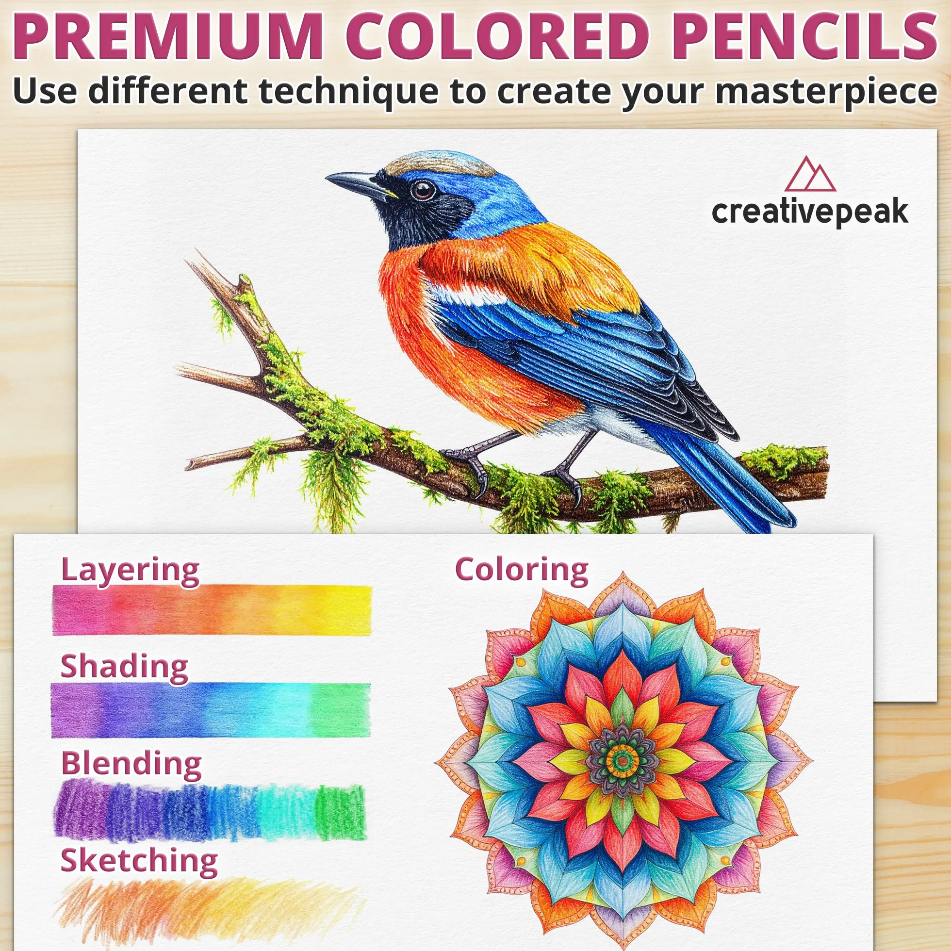 CreativePeak Professional Colouring Pencils - 72 Vibrant Colours + Colour Testing Card + Zip-Up Travel Case - Quality Art Supplies Featuring Soft Wax Cores