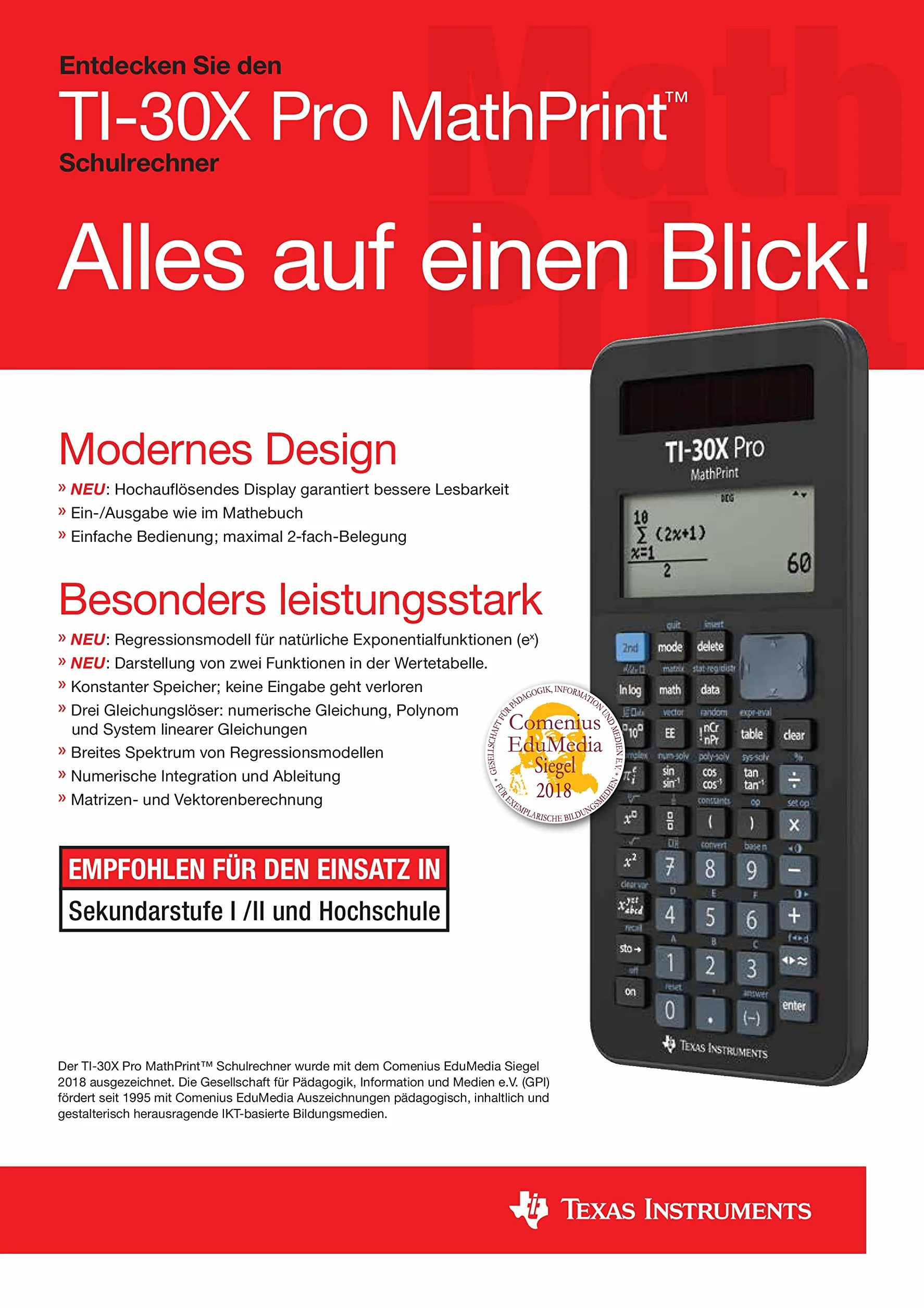 Texas Instruments Ti-30X Pro Mathprint Kalkulator, Czarny, 18.4 x 8 x 1.6 cm