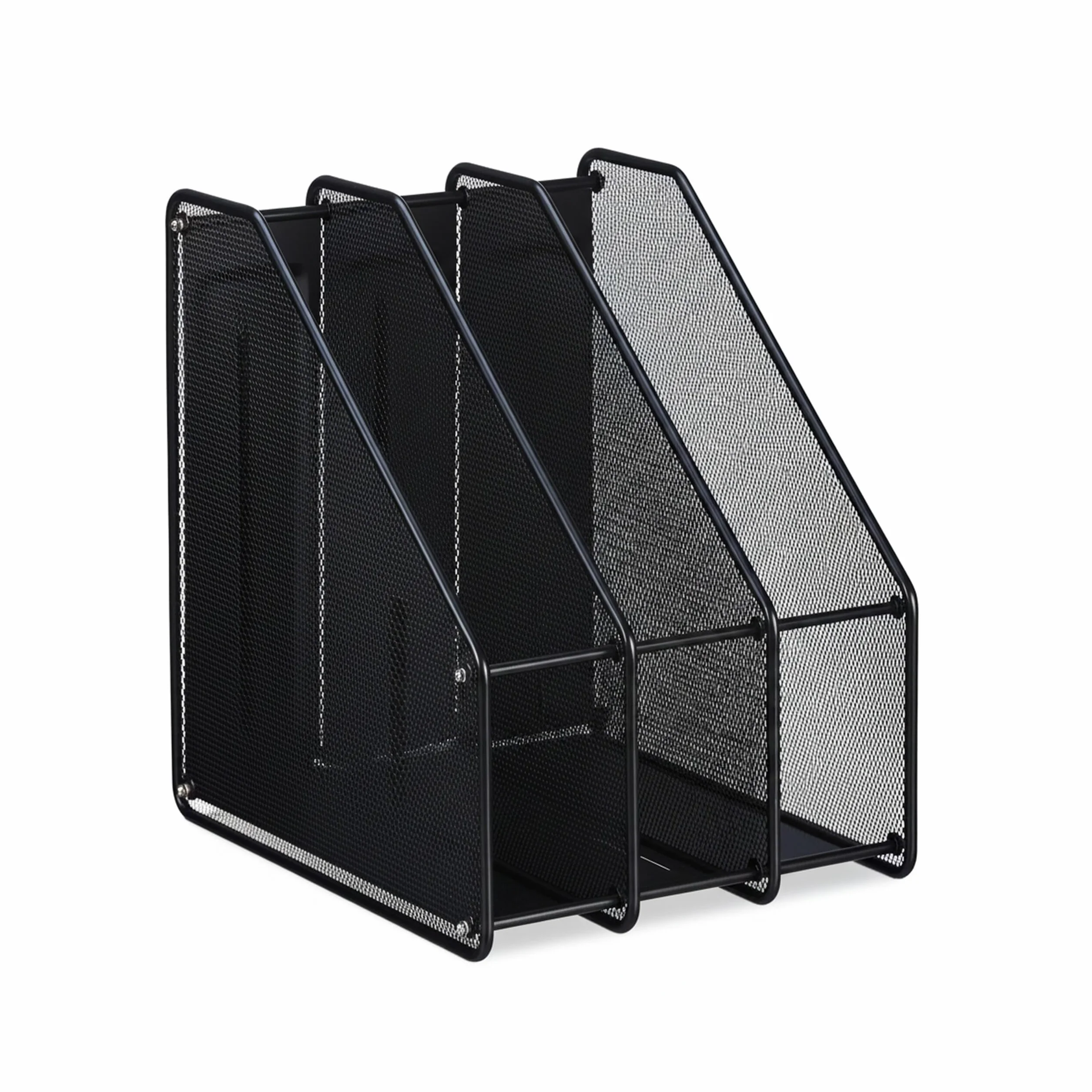 Relaxdays Organizer stojący, A4, 3 przegródki, siatka, wys. x gł.: 31,5 x 24 x 29 cm, biuro i biuro, segregator stojący, metal, czarny