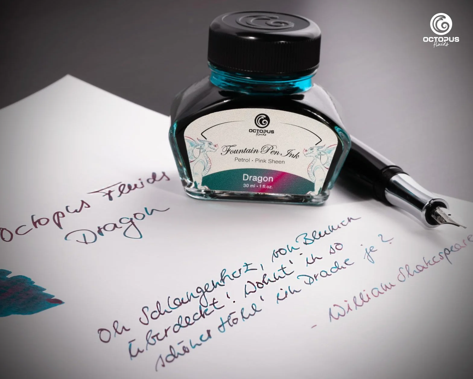Octopus Fluids Dragon Sheen Ink, atrament do piór wiecznych w kałamarzu, atrament Sheen, petrol, 30 ml, Smok
